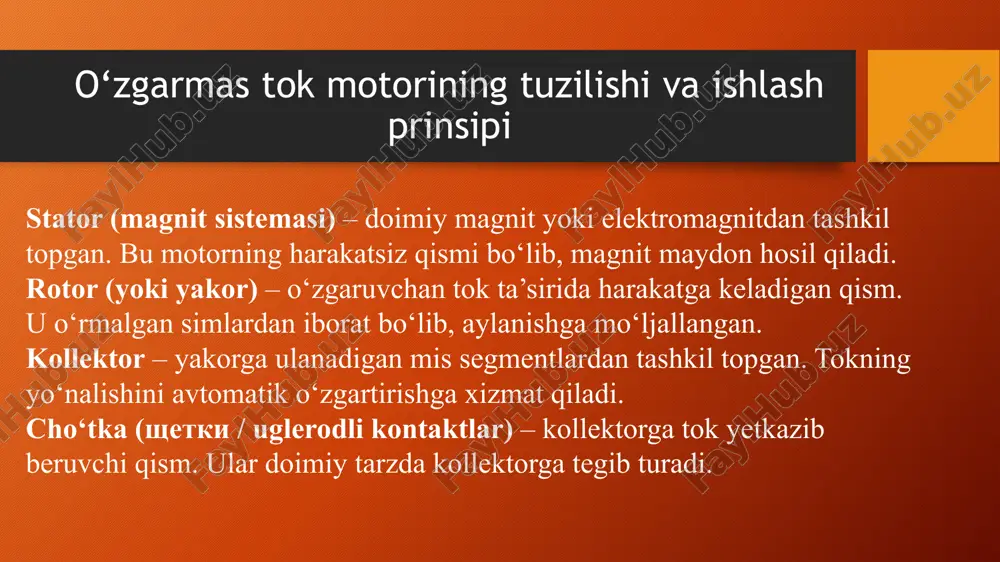 otlar 1. o‘zgarmas tok motorlari: "elektr mashinalari" / t.g. olkhovik, o.i. puzik. — o‘quv qo‘llanma. tashkent, 2010. "elektr mashinalari va transformerlar" / m.k. kharitonov. — moskva, 2005. "o‘zgarmas tok motorlarini loyihalash" / a. k. shashkin, s. g. zharov. — moskva, 2003. 2. motorlarning ishlash prinsiplari: "elektr mashinalari va qurilmalarining asosiy ishlash prinsiplari" / a.i. krol. — tashkent, 2006. "elektr mashinalarini boshqarish" / r.i. kholkin. — moskva, 2012. 3. texnologiya va qo‘llanmalar: "elektr energiyasini ishlab chiqarish va taqsimlash" / a.yu. stozhkov. — toshkent, 2008. "elektromexanika" / v.b. bansal. — moskva, 2007. image2.png image3.png image4.png image5.png image6.png image7.png image8.png image9.png image1.png /docprops/thumbnail.jpeg