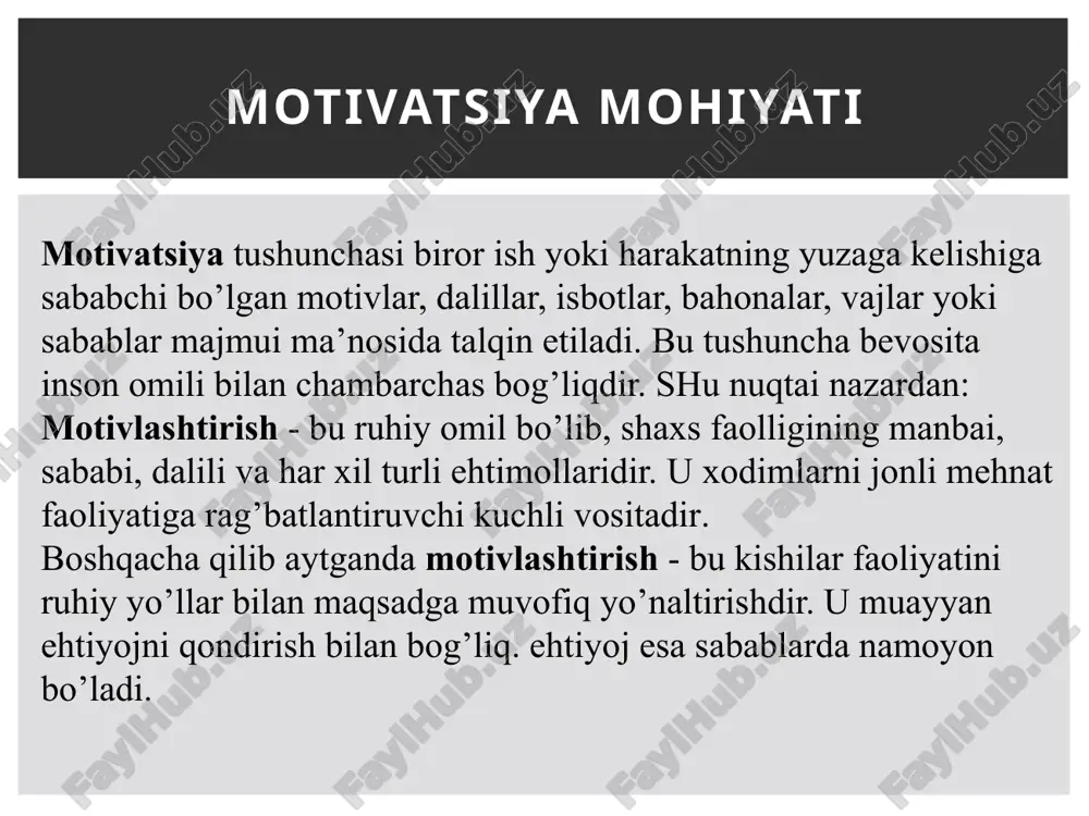 nazariyasi eng umumiy ko‘rinishda ushbu nazariya motivatsiyani ikkita birlik: vaqt va sharoitdan inson qanchalik ko‘p olishni istashi va u istayotgan natijani olishi uning uchun qanchalik muhim, xususan, u buning uchun qancha kun mehnat sarflashga tayyorligini ta’riflovchi ta’limot deb ifodalash mumkin. kutish nazariyasiga muvofiq, ishlovchilar, ularning uchta yo‘nalishdagi orzu-umidlari ruyobga chiqishiga ishonganda, eng unumdor mehnat qiladilar. adolat nazariyasi ushbu nazariyaning asosiy g‘oyasi shundan iboratki, ish jarayoni davomida inson olingan muko­fotni sarflangan xarajatlarga bo‘lgan nisbatini sub’ektiv tarzda aniqlaydi va uni xuddi shunday ish bajaruvchi boshqa odamlar mukofoti bilan taqqoslaydi. agarda inson unga, boshqalarga singari yondashilgan, uning hatti-harakatlari ham boshqalarga qo‘llanilgan nuktai-nazaridan baholangan, ya’ni xech qanday diskriminatsiya bo‘lmagan deb hisoblasa, u o‘ziga nisbatan adolatni sezadi va o‘zini qoniktirilgan deb xis qiladi. agarda tenglik bo‘zilib, korxona yoki tashkilotning ayrim ishlovchilari nohaq yuqori baho va mukofot olsalar, boshqalar o‘zini xafa seza­di, bu esa ularni ranjishiga va konikmasligiga olib keladi. bunday taqqoslash asosida, ishlovchi, o‘zining taqqoslama …