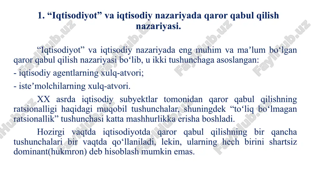h jarayonini osonlashtirish uchun ularni tashkil etish va oʻzgartirish. baholash bosqichida alternativalar bilan bogʻliq natijalar va ehtimollarni oʻzgartiradigan muayyan operatsiyalar bajariladi. bu operatsiyalar qaror qabul qilishning birinchi bosqichida taqdimot evristikasi boʻlib, ular odamlarga maʼlumotni sodda, tushunarli va ixchamroq tasavvur qilishga yordam beradi, bu esa keyingi bosqichda muqobillarning foydaliligini baholashni osonlashtiradi. ikkinchi bosqichda, ishlov berilgan va mos shaklda taqdim etilgan, muqobillar baholanadi, yuqorida baholangan alternativa foydasiga yakuniy qaror qabul qilinadi. bu nazariyaga koʻra, oddiy odam boʻlajak manfaatni mutlaq nuqtai nazardan toʻgʻri baholay olmaydi, aslida uni baʼzi umumiy qabul qilingan standartlarga nisbatan baholaydi, birinchi navbatda oʻz pozitsiyasini yomonlashishiga yoʻl qoʻymaslikka harakat qiladi. istiqbol nazariyasi yordamida odamlarning “iqtisodiy odam” nuqtai nazaridan tushuntirib boʻlmaydigan koʻp mantiqsiz harakatlarini tushuntirish mumkin. 2. psixologik tadqiqotlarga asoslanib, istiqbollar nazariyasining matematik modellashtirish usullariga asoslanishi. zamonaviy postindustrial dunyoda tadbirkorlik subyektlarining iqtisodiy xatti-harakatlariga psixologiya va subyektiv baholarning taʼsirini inkor etish qiyin. shu nuqtai nazardan, kahneman va tverskyning nazariy yutuqlari ularning izdoshlari …