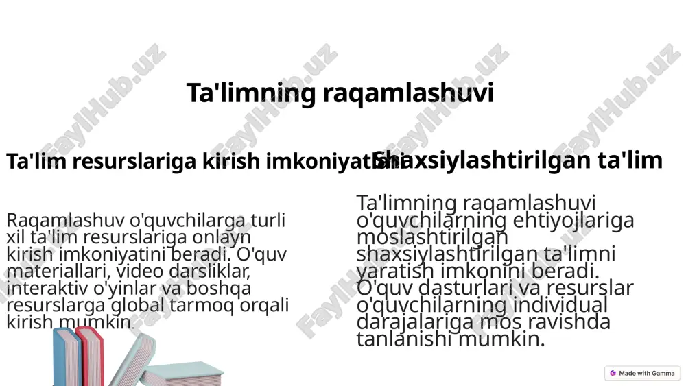 vojlantirish uchun mablag'larning etishmasligi 3 o'qituvchilarni tayyorlash va malakasini oshirish 4 ta'limning sifati va tenglik jahon ta'lim tizimida global tendensiyalarni amalga oshirishda bir qator qiyinchiliklar mavjud. resurslar yetishmasligi, o'qituvchilarni tayyorlash va malakasini oshirish masalalari, ta'limning sifati va tenglik muammolari muhim masala bo'lib qolmoqda. biroq, bu qiyinchiliklarni yengish uchun samarali strategiyalar va echimlarni topish mumkin. 9 xulosa xxi asr jahon ta'lim tizimida global tendensiyalar o'quvchilarning bilimlarini chuqurlashtirish, ko'nikmalarini rivojlantirish va iqtisodiyotga integratsiya qilishga qaratilgan. bu tendensiyalarni amalga oshirishda davlat siyosati, ta'lim muassasalarining sa'y-harakatlari va xalqaro hamkorlik muhim rol o'ynaydi. ta'lim tizimining kelajagi innovatsion yondashuvlar, texnologiyalarni qo'llash va o'quvchilarning ehtiyojlarini hisobga olishga bog'liq. 10 zamonaviy ta'lim tizimida trendlarning ahamiyati zamonaviy ta'lim tizimi doimiy ravishda rivojlanmoqda va innovatsion texnologiyalar, o'quv uslublari va ta'lim tendentsiyalari bilan to'ldirilib borilmoqda. bu tendentsiyalarni tushunish va ularni o'zlashtirish zamonaviy ta'lim sifatini oshirish va o'quvchilarga raqobatbardosh bo'lish imkoniyatini ta'minlash uchun juda muhimdir. bu taqdimotda biz ta'lim sohasidagi eng muhim …