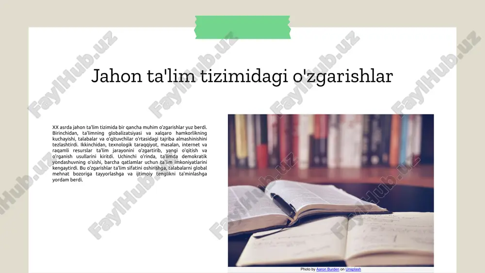 alar kutilmoqda. birinchidan, raqamli texnologiyalarning qo‘llanilishi ortadi, bu esa ta'lim jarayonini yanada interaktiv va samarali qiladi. ikkinchidan, shaxsiylashtirilgan ta'lim uslublari rivojlanadi, bu esa har bir o‘quvchining individual ehtiyojlariga mos keladi. uchinchidan, globalizatsiya ta'lim tizimiga ta'sir qiladi, o‘quvchilar xalqaro tajribalardan o‘rganish imkoniyatiga ega bo‘ladi. misol uchun, onlayn ta'lim platformalari orqali butun dunyo bo‘ylab bilim olish imkoniyati kengayadi. ushbu tendentsiyalar ta'lim sohasida yangiliklarni olib keladi va o‘quvchilarning kelajakdagi muvaffaqiyatiga sabab bo‘ladi. photo by jazmin quaynor on unsplash innovatsiyalar va texnologiyalar ta‘limda oliy ta'limda innovatsiyalar va texnologiyalar ta'lim jarayonini yangilaydi va samaradorligini oshiradi. innovatsiyalar va texnologiyalar ta'rifi innovatsiyalar ta'limda yangi g'oyalar va usullarni joriy etishdir. texnologiyalar esa, ta'lim jarayonida foydalaniladigan asbob-uskunalar va dasturlardir. ta'lim tizimiga ta'siri innovatsiyalar va texnologiyalar ta'lim jarayonini osonlashtiradi, talabalarning bilim olish imkoniyatlarini kengaytiradi va ularning qobiliyatlarini rivojlantiradi. misollar masalan, onlayn ta'lim platformalari, masofaviy ta'lim va interaktiv o'quv dasturlari talabalar uchun yangi imkoniyatlarni yaratadi. kelajak istiqbollari kelajakda, sun'iy intellekt va …