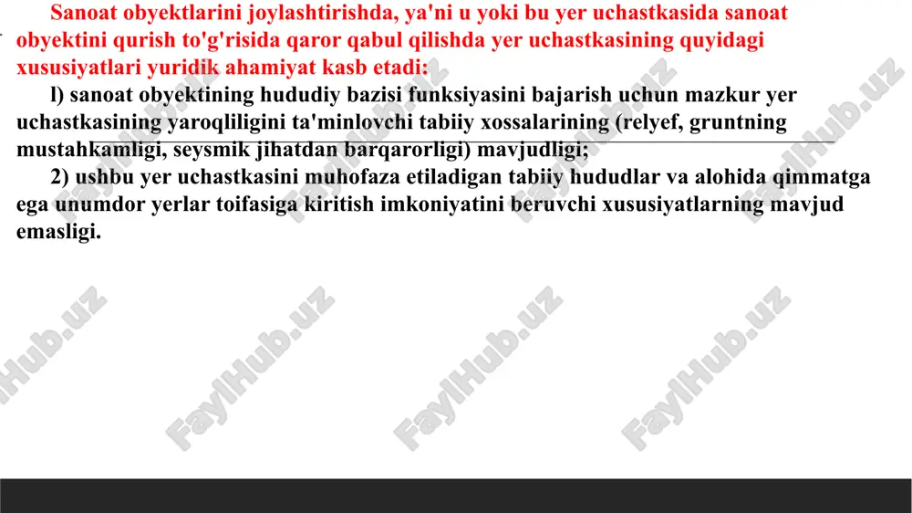 tomobil transporti faoliyatini ta'minlash uchun yerlar yer to'g'risidagi qonun huiiatlarida belgilangan tartibda doimiy foydalanishga beriladi. "avtomobil yo'llari to'g'risida"gi qonunda esa avtomobil yo'llarida ajratilgan mintaqa va yo'l bo'yi mintaqalari belgilanishi ko'rsatilgan qonunga muvofiq, o'zbekiston respublikasida avtomobil yo' llarining uchta turi ko'rsatilgan: l) umumiy foydalanishdagi avtomobil yo'llari; 2) shaharlar va boshqa aholi punktlarining ko'chalari; 3) xo'jalik avtomobil yo'llari. aloqa maqsadlariga mo'ljallangan yerlarning huquqiy holati amaldagi yer qonunchiligiga muvofiq, aloqa maqsadlariga mo'ljallangan yerlar jumlasiga aloqa liniyalarini hamda ularga tegishli inshootlarni joylashtirish uchun aloqa, radioeshittirish, televideniye va axborot korxonalari, muassasalari va tashkilotlariga doimiy foydalanishga berilgan yerlar kiradi (yer kodeksining 69-moddasi). o'zbekiston respublikasida aloqa maqsadlariga mo'ljallangan yerlarning huquqiy holati o'zbekiston respublikasining yer qonunchiligi bilan bir qatorda, o'zbekiston respublikasining 1992-yil 13-yanvardagi 512-xii-sonli "aloqa to'g'risida"gi qonuni, o'zbekiston respublikasining 1998-yil 25-dekabrdagi 7251-sonli "radiochastota spektri to'g'risida"gi qonuni, o'zbekiston respublikasining 1999-yil 20-avgustdagi 8221-sonli "telekommunikatsiyalar to'g'risida"gi qonuni hamda o'zbekiston respublikasining 2000-yil 31-avgustdagi 1811-sonli "pochta aloqasi to'g'risida"gi qonunlari bilan ham tartibga solinadi. …