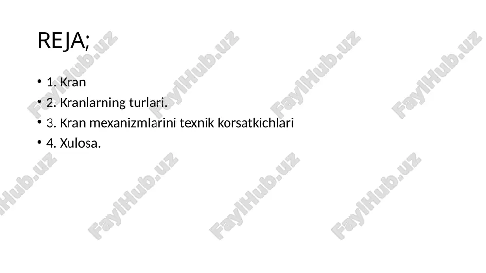 rda 220, 380 va 500 v o‘zgaruvchantok va 220, 440 v o‘zgarmas tok kuchlanishlari qo‘llaniladi. kran mexanizmlarining boshqarish tizimlarida ko‘tarish va harakatlantirishni chegaralovchi moslamalar o‘rnatiladi. ular boshqarish tizimlarining elektr zanjiriga ta’sir o‘tkazadi. kran mexanizmlarini texnik ko’rsatkichlari ko‘tarishmexanizmiga o‘rnatilgan ulab-uzgichlar ushlovchi moslamani teppaga ko‘tarilishini cheklaydi, pastga tushirish cheklanmaydi. ko‘prik va aravachani harakatlantirish mexanizmlariga ularningikki taraflama harakatini cheklash uchun ulab-uzgichlar o‘rnatiladi.barcha kran mexanizmlari elektr ta’minoti uzilgan paytda avtomatik ravishda ishlab ketadigan tormozlar bilan jihozlangan bo‘lishi kerak. kran mexanizmlarini tanlash uchun quyidagi ko‘rsatkichlarda yukni ko‘tarish imkoniyati va harakatlanishtezligi, konstruktiv imkoniyatlari va mexanik jihozlarini og‘irligi, tezlikni boshqarish oralig‘i va ishchi operatsiyalarni bajarish mobaynida talab etiladigan mexanik tavsif bikirligi, ayniqsa yuklarni o‘rnatish paytida. xulosa. xulosa qilib aytganda, kran mexanizmlarining oʻtkazgichi uchun turli dvigatel va elektr uskunalarni qoʻllash mumkin. ularning tanlovi yuk koʻtarish kuchiga, xarakatining nominal tezligiga, uskunalarning tezligini moslashga talabetiladigan diapazoniga, mexanik tavsifnomalarining qatʼiyatligi, ish soati koʻrsatkichlariga va boshqalarga qarab belgilanadi. image1.png image2.png image3.png image4.png …