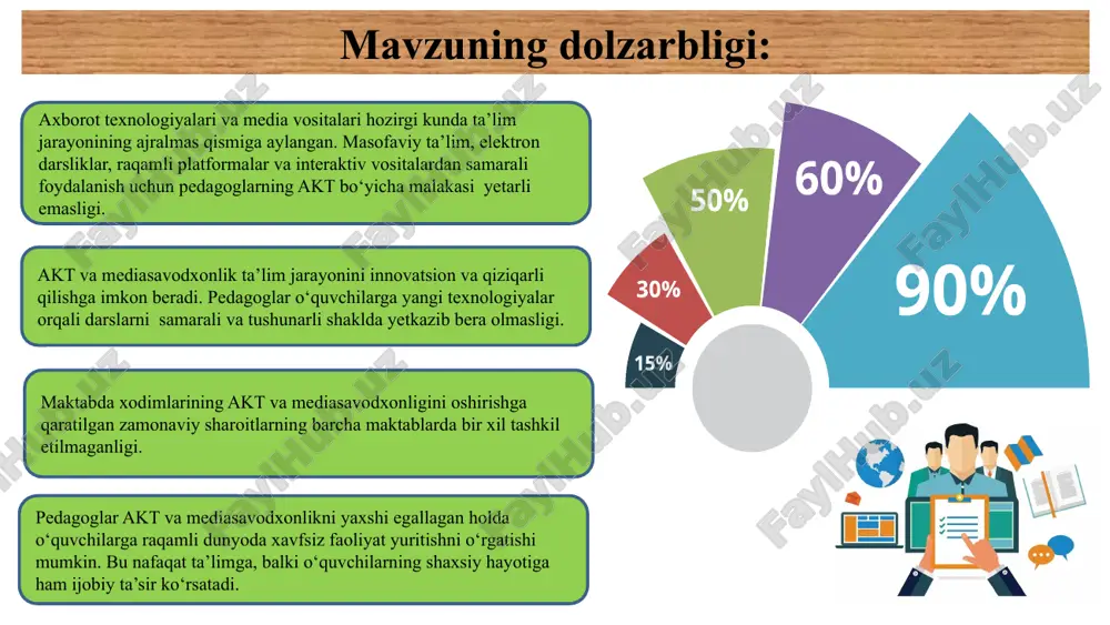 hda kompyuter texnologiyalari va onlayn ta’lim vositalarini ishlatishni o‘rgatuvchi dasturlar mavjud. yaponiya maktablarida smart sinflar keng joriy qilingan. bu sinflar interaktiv doskalar, raqamli darsliklar va boshqa zamonaviy texnologiyalar bilan jihozlangan. 2. akt bo‘yicha o‘qitish dasturlari: o‘qituvchilar uchun maxsus akt dasturlari ishlab chiqilgan bo‘lib, ularda pedagoglar zamonaviy texnologiyalar va ularni ta’limda qanday qo‘llashni o‘rganadilar. aqshda ko‘plab maktablarda o‘qituvchilar va xodimlar uchun akt va mediasavodxonlik bo‘yicha onlayn kurslar va sertifikatlash dasturlari mavjud. xususan, xodimlarga dars jarayonida raqamli resurslardan foydalanish, o‘quvchilar bilan interaktiv o‘quv vositalaridan foydalanishni o‘rgatish bo‘yicha qo‘shimcha treninglar taqdim etiladi. mavzu yuzasidan xorijiy davlatlar tajribalari: 8 qiyosiy tahlil etilganligi: 9 t/r amaldagi holat (o‘zbekistonda) amaldagi holat (xorijda) takliflar 1 maktablarda xodimlarni akt savodxonligini oshirishga qaratilgan maxsus kurslarning mavjud emasligi. estoniya akt bo‘yicha dunyoda yetakchi davlatlardan biri bo‘lib, u ta’limda raqamlashtirishga alohida e’tibor qaratadi. bu yerda o‘qituvchilar uchun doimiy ravishda kompyuter texnologiyalari va onlayn ta’lim vositalarini ishlatishni o‘rgatuvchi dasturlar mavjud. malaka oshirish …