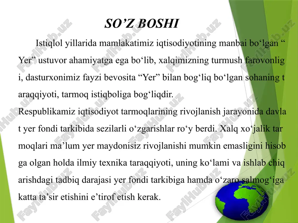 oʻjaligi ehtiyojlari uchun berilgan yerlardir. suv fondi yerlari — suv havzalari(daryo, koʻllar, suv omborlari va h.), gidrotehnika va suv xoʻjaligi inshootlari egallab turgan yerlar. zahira yerlar — huquqiy va jismoniy shaxslar egaligiga, foydalanishiga hamda ijaraga berilmagan, mulk qilib sotilmagan barcha yerlar. 6 obrazets teksta vtoroy uroven tretiy uroven chetvertiy uroven pyatiy uroven 20.10.2023 7 obrazets teksta vtoroy uroven tretiy uroven chetvertiy uroven pyatiy uroven 20.10.2023 8 o'zbekiston respublikasi er fondining toifalari bo'yicha taqsimlanishi 9 o'zbekiston respublikasidagi jami foydalaniladigan erlar maydoni t/r respublika, shahar va viloyatlarning nomi umumiy er maydoni ekin erlar jami shu jumladan sug'oriladigani jami shu jumladan sug'oriladigani 1 qoraqalpog'iston respublikasi 16656,1 508,7 417,0 417,0 2 andijon 430,3 273,6 202,7 202,7 3 buxoro 4193,7 275,0 200,8 200,8 4 jizzax 2117,9 300,6 482,9 262,1 5 qashqadaryo 2856,8 514,9 678,9 420,4 6 navoiy 10937,5 123,5 110,6 90,7 7 namangan 718,1 282,2 194,5 194,5 8 samarqand 1677,3 379,6 434,9 252,8 9 surxondaryo …