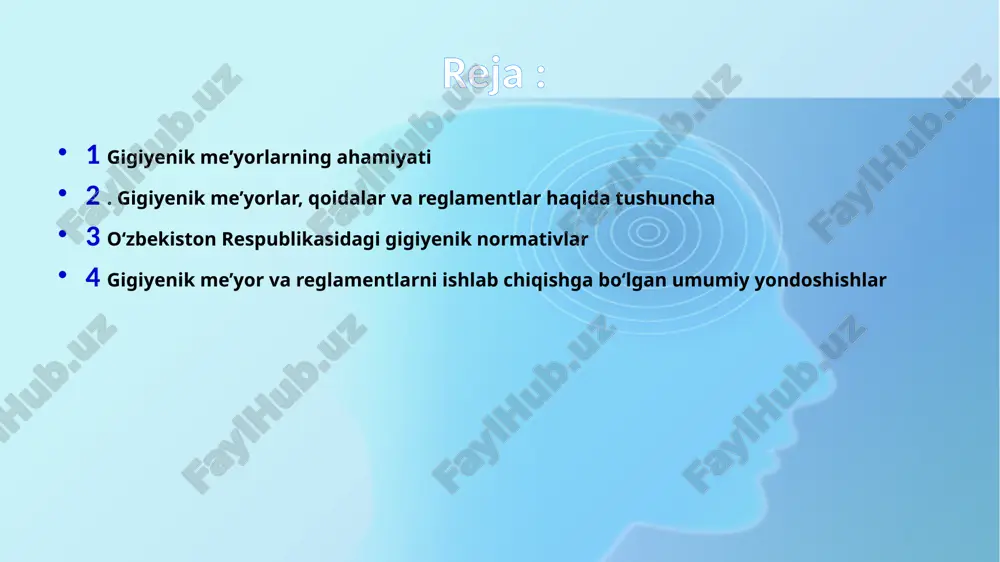 ilishi va muhokama qilinishi shart bo‘lgan sharoitlarda ishlab chiqilib, o‘zr ssv tomonidan tasdiqlangan. gigiyenik normativlarni ishlab chiqish - ko‘p bosqichli murakkab ilmiy izlanish natijalari va tashkiliy tarkibga ega jarayon. ammo, har qanday holatda ham gigiyenik me’yorlashtirish va reglamentlash quyi dagi asos bo‘luvchi prinsiplarni hisobga olgan holda amalga oshirilishi kerak: 1. gigiyenik normativlarning davlat xarakteriga ega ekanligi. o‘zrda sanitariya nazorati davlat xarakteriga ega, shuning uchun barcha gigiyenik normativlar ham davlat xarakteriga egadir. ishlab chiqilgan har bir normativ ko‘p bosqichli tekshirishlardan (ekspertiza) o‘tkaziladi, o‘zr ssv tomonidan tasdiqlanadi va o‘zr dagi “aholining sanitariyaepidemiologik osoyishtaligi to‘g‘risida”gi qonuni (2015) ga muvofiq qonuniy kuchga egadir gigiyena rivojlanish tarixi nisbatan uzoq emas. gigiyenaga oid bilimlar xix asming birinchi yarmida tizimga soli nib, mustaqil fan holida birlashtirildi. biroq odamlar gigiyena va sanitariyaning m a’lum qonun-qoidalariga qadim zamonlarda ham rioya qilishgan. tarixiy hujjatlar, san’at asarlari va arxeologik qazilmalar m a’lumotlari eramizdan ancha ilgariyoq sanitariya qonunlarining ba'zi elementlari mavjud bo'lganligidan …