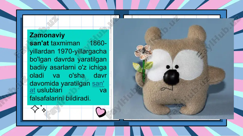 ashqari, yogʻoch, loy, plastmassa va boshqalardan qoʻllar va boshlarni yasash texnologiyasi boʻlishi mumkin. o'yinchoqlarni berilgan katakchalar yordamida 2,3,4 va bir necha marta kattalashtirib andozani unga ko'ra tayyorlash mumkin. tikish usullarini ignani ichkaridan olib, e‟tibor berib tikiladi. har bir o'yinchoqning qismlari bir-birga tikilgach, ichki qismlarini tashqariga ag'darishini unutmang. uning ichiga esa gazlama bo'laklari, qiyqimlar, paxta tikilishi mumkin. ayrim o'yinchoqlarning old va orqa oyoqlari mahkam turishi uchun simdan foydalaniladi. ko'z, shoxchalarni yog'ochdan ham tayyorlash mumkin. ba'zan ko'z sifatida chiroyli tugmachalardan ham foydalanish tavsiya etiladi. bu detallar kartondan yasaladigan bo'lsa, guash, akvarelda bo'yalib, ustidan lak qoplanadi. yumshoq o’yinchoq tayyorlash jarayoni quyidagi qismlardan iborat: mato tanlash, g’ijim bo’lak mato dazmollanishi oson, matoga andozani chizish, qismlarni bichish, tikish, ichini to’ldirish ustini jihozlash. fetradan o’yinchoqlar tikish https://pin.it/5gjrepysl https://pin.it/7eu73veuw e’tiboringiz uchun rahmat! credits: this presentation template was created by slidesgo, including icons by flaticon and infographics & images by freepik image1.png image2.png image3.png image4.png image5.jpg image6.png image7.jpeg …