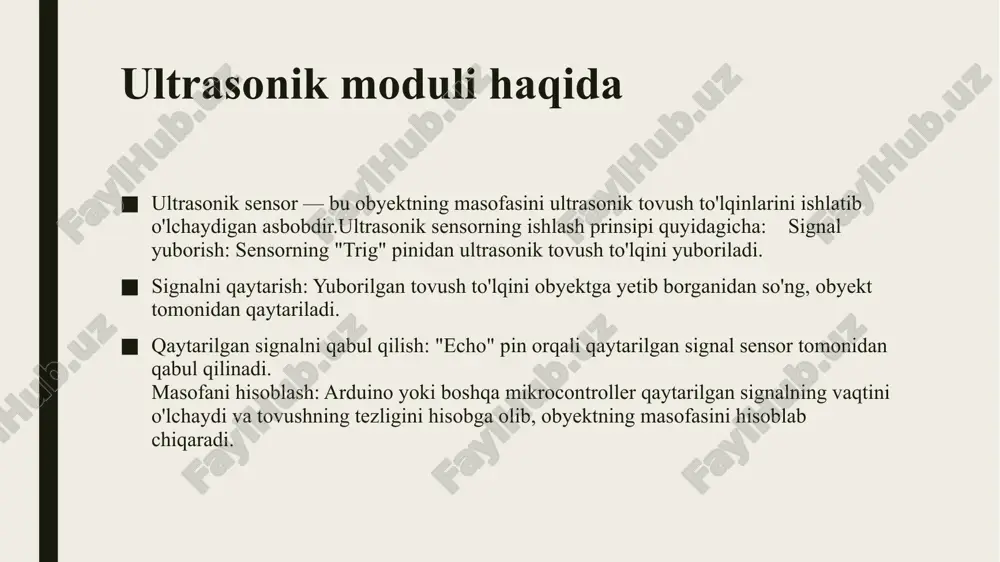 ultratovush moduli vaqt diagrammasi elektron sxemasi va oddiy sxemasi xulosa ultasonik sensori — bu obyektning masofasini ultrasonik tovush to'lqinlarini ishlatib o'lchaydigan asbob hisoblanadi. u raqamlashtirish va dasturlashda juda ham muhim o’rin tutadugan qurilmadir. u 40 000 hz chastotada ultratovush to’lqinlarini chiqaradi. ultratovush to’lqinlari havo orqali tarqalib yo’lda to’siq yoki ob’ekt bo’lsa ortiga qaytadi.uning asosiy vazifasi tarqalib ob’ektni va ungacha bo’lgan maasofani aniqlash hisoblanadi. tovush chiqqandan so’ng va qaytishi uchun ketgan vaqt davomida obektgacha bo’lgan masofa va obekt turgan joyni aniqlash imkonini beradi. foydalanilgan adabiyotlar 1.m gossems f mittelbach a samarin the latex companion addison wesley 1994 2.d e knuth the texbook chast a serii computers and typesetting addison wesley 1984 3.ikromov m avtomatlashtrilgan boshqarish sistemalari t o’qituvchi 1992 4.xolmatov t x,tayloqov n.i amaliy matematika,dasturlash va kompyuterning dasturiy ta’minoti t mexnat 2000 5.figurnov ivm rs dlya polzovatelya m 1995 6.srcyrl.sz-koungshun.com image1.png image2.jpeg image3.png image4.png image5.png image6.png /docprops/thumbnail.jpeg