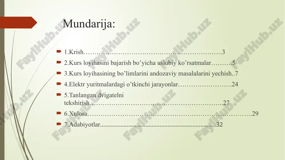 chi jarayonlar ta’sir etishini yodda tutish lozim. tanlangan dvigatelni o’tkinchi jarayonlari va dinamik yuklamalari hisoblanib tekshiriladi, ya’ni m = mc + j(dω/dt)bu erda, m – dvigatel validagi moment, mc – ishchi mexanizmni static moment, j(dω/dt) – o’tinchi jarayonlarda hosil bo’ladigan dinamik moment. dvigatel tanlash. ishchi mexanizmning yuklanish diagrammasi mc = f(t) ni kattaliklari bo’yicha quriladi. ishchi mexanizmining yuklanish diagrammasi c 7– variant elektrodvigatel tanlashda asosiy mezon bu ishchi mexanizmga talab etilgan va to’g’ri aniqlangan quvvat hisoblanadi. bundan tashqari dvigatelni quvvatiga uni ishga tushirish, tormozlash va tezligini rostlashdagi, static yuklamalarni o’zgarishidagi o’tkinchi jarayonlar ta’sir etishini yodda tutish lozim. tanlangan dvigatelni o’tkinchi jarayonlari va dinamik yuklamalari hisoblanib tekshiriladi, ya’ni m = mc + j(dω/dt)bu erda, m – dvigatel validagi moment, mc – ishchi mexanizmni static moment, j(dω/dt) – o’tinchi jarayonlarda hosil bo’ladigan dinamik moment. mc n*m tp, sek t0, sek ωm , rad/sek jm , kg∙m2 145 240 340 120 18 elektr …