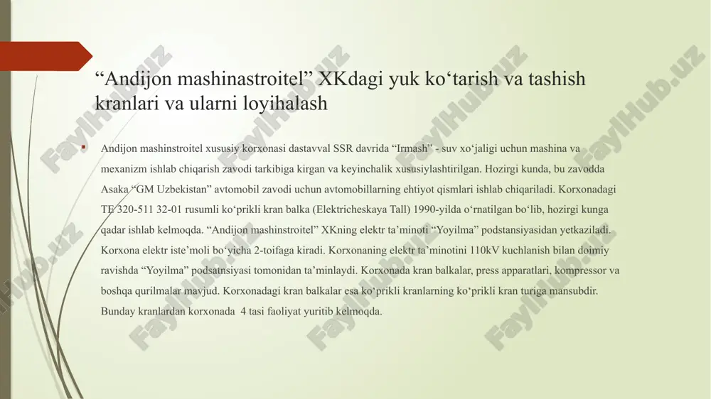 nxron dvigatel tanlab olindi. faza rotorli asinxron dvigatelning ishlashi davomida, krandagi energiya samaradorlik bilan bog‘liq bo‘lgan muammolarni hal qilindi. korxonadagi elektr motorlarning buzilish sabablari motor statorining haddan tashqari yuklanishi yoki qizib ketishi, 15,94% chulg‘amlar orasidagi qisqa tutashuv, 17,39% podshipnikning shikastlanishi, 11,59% stator chulg‘amlari yoki izolyatsiyasining shikastlanishi, 8,70% stator va rotor o‘rtasidagi notekis havo bo‘shlig‘i, (14,49%) elektr motorining ikki fazada ishlashi, 11,59% stator chulg‘amlarining mahkamlagichining bo‘shligi, 8,70% elektr motor rotorining muvozanatsizligi, 4,35% valning noto‘g‘ri joylashishi, 7,25% dvigatel statorining haddan tashqari yuklanishi yoki qizib ketishi chulg'amlar orasidagi qisqa tutashuv podshipnikning shikastlanishi stator chulg'amlari yoki izolyatsiyasining shikastlanishi stator va rotor o'rtasidagi notekis havo bo'shlig'i elekt r motorining ikki fazada ishlashi stator chulg'amlarining mahkamlagichining bo'shligi elektr motor rotorining muvozanatsizligi valning noto'g'ri joylashishi 15.942028985507244 17.391304347826086 11.594202898550725 8.695652173913043 14.492753623188406 11.594202898550725 8.695652173913043 4.3478260869565215 7.2463768115942031 ko‘prikli kran ish rejimiga asosan, energiya samaradorligini oshirish uchun turli holatlarni tahlil qildik, ko‘prikli kran dvigatelida eng ko‘p sarf bo‘ladigan energiya-bu, ishga tushirishda …