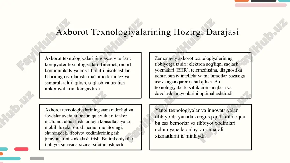 gi imkoniyatlar yaratadi va bemorlarning hayot sifatini oshiradi. photo by altumcode on unsplash xulosa zamonaviy axborot texnologiyalari tibbiyotda keng qo'llanilmoqda, ma'lumotlarni to'plash, saqlash va tahlil qilish jarayonlarini rivojlantirmoqda. bu diagnostika va davolash samaradorligini oshiradi. sensorlar, elektron yozuvlar va ma'lumotlar bazalari yordamida bemor holati doimiy kuzatilib, aniqlik va tezlik oshadi, shaxsiy davolash rejalari tuziladi. bu texnologik yutuqlar sog'liqni saqlashni yaxshilashga xizmat qiladi. sun'iy intellekt va mashina o'rganish yordamida diagnostika va davolash aniqroq va samaraliroq bo'ladi, yangi innovatsiyalar va rivojlanish imkoniyatlarini ochadi. bu yo'nalishda katta yutuqlarga erishilmoqda. kelajakda texnologiyalarning rivojlanishi sog'liqni saqlash sifatini oshiradi, tizimlarni yanada raqobatbardosh va inson markazlashtirilgan qilish imkonini yaratadi. bu esa sog'liqni saqlashning yangi bosqichiga o'tishni ta'minlaydi. foydalanilgan adabiyotlar 1. o‘zbekiston respublikasi sog‘liqni saqlash vazirligi. tibbiyotda axborot texnologiyalarining rivojlanishi. sog‘liqni saqlash davr jurnal, 2021. 2. islomov a. axborot texnologiyalari va ularning tibbiyotda qo‘llanilishi. toshkent: akademnashr, 2020. 3. qodirov n., malikov s. zamonaviy diagnostik texnologiyalar va tibbiyotda ulardan foydalanish. …