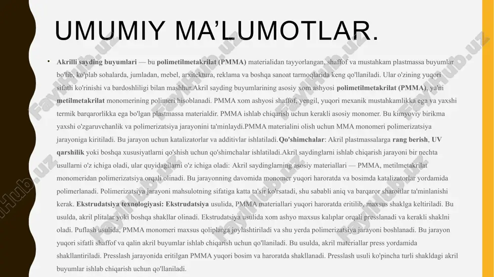 nganligi akrilli sayding ko'plab afzalliklarga ega, jumladan, yuqori chidamlilik, ranglarning uzoq muddat saqlanishi va atrof-muhitga ta'sirining kamligi. biroq, mexanik shikastlanishga sezuvchanlik va yuqori haroratga ta'sirchanlik kabi kamchiliklari ham mavjud. ushbu omillarni hisobga olib, akrilli saydingni tanlash maqsadga muvofiqdir. xom ashyo turlari: akril smolalar, pigmentlar, qo'shimchalar akril smolalar akrilli saydingning asosiy komponenti bo'lib, uning fizik-mexanik xususiyatlarini belgilaydi. turli xil akril smolalar mavjud, ularning har biri o'ziga xos xususiyatlarga ega. pigmentlar saydingga kerakli rang berish uchun ishlatiladi. pigmentlar ranglarning uzoq muddat saqlanishini ta'minlashi kerak. qo'shimchalar saydingning xususiyatlarini yaxshilash uchun ishlatiladi. masalan, uv stabilizatorlar, plastikifikatorlar va boshqalar. akrilli sayding ishlab chiqarishda akril smolalar, pigmentlar va qo'shimchalar kabi turli xil xom ashyolar ishlatiladi. akril smolalar saydingning asosiy komponenti bo'lib, uning fizik-mexanik xususiyatlarini belgilaydi. pigmentlar saydingga kerakli rang berish uchun ishlatiladi. qo'shimchalar esa saydingning xususiyatlarini yaxshilash uchun qo'shiladi. xom ashyolarni tanlashda e'tiborga olish kerak bo'lgan omillar 1 sifat xom ashyolarning sifati tayyor mahsulotning sifatiga bevosita …