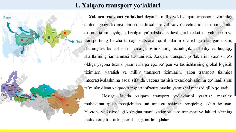 t ga xorijiy investitsiyalar va sheriklarni jalb qilish hisobiga tashqi iqtisodiy aloqalarning rivojlanishi va eksport-import operatsiyalariga jahon standartlariga muvofiq transport-logistika xizmatlari ko‘rsatishning yuqori darajasining ta’minlanishi. yuk tashuvchilar va logistik vositachilarning xalqaro transport yo‘laklari bo‘ylab amalga oshiriladigan tashishlarning jahon inter-multimodal bozorida raqobatbardoshliligining ortishi. logistika markazlari tizimi va transport-logistika firmalarining xizmatlarini sertifikatlashtirish markazlari orqali mintaqa sub’yektlarining ijro hokimiyatining kuzatuvi ostida transport-logistika xizmatlari bozorini samarali monitoring qilish, nazorat va tartibga solish tizimini shakllantirish. 3. transport-logistika servisining zamonaviy amaliyoti global yetkazib berish zanjirlarida (jumladan xalqaro transport yo‘laklarida) amalga oshiriladigan logistik servisning, xususan tashishlarning o‘ziga xos xususiyatlari ma’lum bir logistik infratuzilmani yaratishni talab qiladi, uning asosiy ob’yektlari quyidagilar hisoblanadi: yuklarni konsolidatsiyalash, saralash, omborlarga joylashtirish va qayta yuklash uchun mo‘ljallangan yuk terminallari va ko‘p funksiyali terminal majmualarining rivojlangan tarmog‘i; import-eksport yuklar uchun bojxona, vaqtinchalik saqlash omborlari va bojxona rasmiylashtirishining (“tozalashining”) boshqa infratuzilma bo‘linmalari; transport kommunikatsiyalari (temir yo‘llar va avtomobil yo‘llari); avtomobillarga texnik xizmat ko‘rsatish stansiyalari, yoqilg‘i …