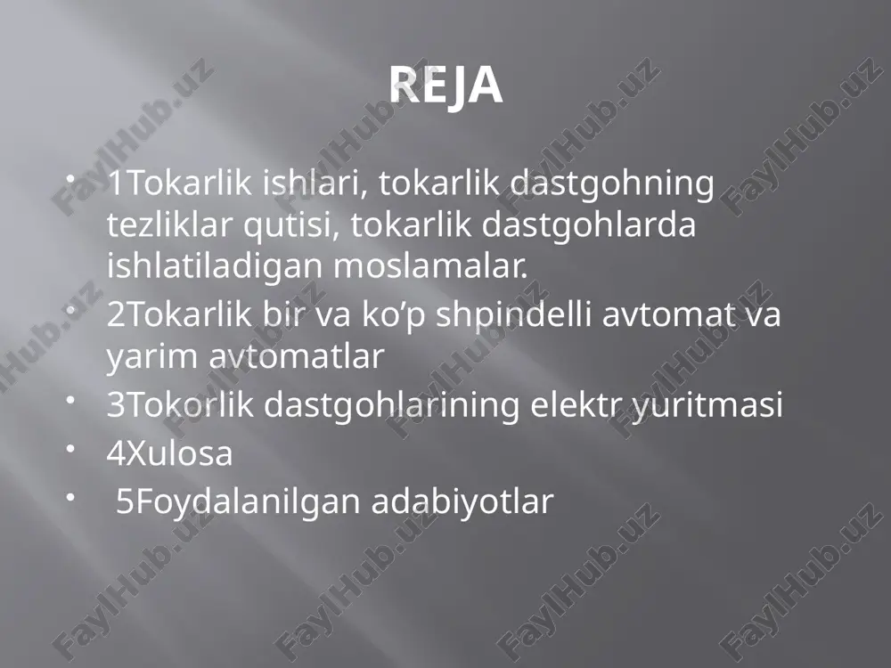 ni elektron ravishda boshqarish imkonini beradi va bu dastgohlarning ish samaradorligini oshiradi. tokarlik dastgohining elektr sxemasi dc motorlar (direct current motors) dc motorlar tokarlik dastgohlarida yuqori moment va tezlikni nazorat qilish zarur bo'lganda ishlatiladi. ularning tezlikni boshqarish imkoniyatlari oson va aniqlik talab qiladigan ishlar uchun foydalidir. biroq, ular asinxron va sinxron motorlarga nisbatan ko'proq texnik xizmatni talab qiladi. seriyali motorlar (stepper motors) stepper motorlar yuqori aniqlikda harakatlanish va tezlikni bosqichma-bosqich nazorat qilish uchun ishlatiladi. tokarlik dastgohlarida ularni maxsus va nozik ishlov berish jarayonlarida qo'llash mumkin. stepper motorlar tezlik va pozitsiya boshqaruvini yuqori darajada aniq bajarishga yordam beradi. hibrid motorlar (hybrid motors) hibrid motorlar asinxron va sinxron motorlarning xususiyatlarini birlashtiradi. ular yuqori samaradorlik va tezlikni boshqarishning yaxshi kombinatsiyasini ta'minlaydi. bu motorlar turli xil dastgohlar va sanoat ilovalari uchun mos keladi. xulosa xulosa qilib aytganda, tokarlik dastgohlarida qo‘llaniladigan elektr yuritmalar turli xildagi texnik ehtiyojlarga qarab tanlanadi. har bir motor turi o'ziga xos …