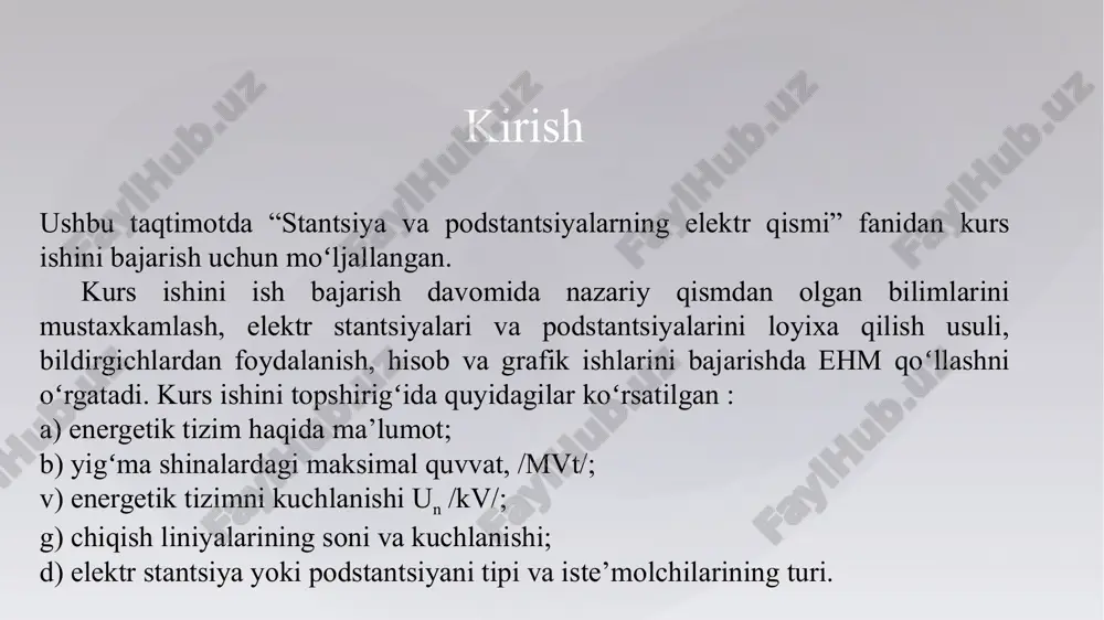 minlovchi manba qisqa tutashuv nuqtasi bilan bitta natijaviy qarshilik xnat orqali bogʻlangan boʻladi. natijaviy qarshilikni bilgan holda om qonuni asosida qisqa tutashuv tokining tashkil etuvchisini boshlangʻich miqdori ipo aniqlanadi. soʻngra zarbiy tok va zarurat tugʻilsa, berilgan vaqt momenti t uchun qisqa tutashuv tokining davriy va boshlangʻich tashkil etuvchisi aniqlanadi. stantsiya va podstantsiyalarda, ehmda qisqa tutashuv toklarini aniqlash. 110 kv 10 kv tp-1 tp-2 yuk pk k-1 k-2 qisqa tutashuv tokini hisoblash elektr tizim sxemasi elektr apparatlarini tanlash kataloglar yordamida elektr qurilmaning normal rejimdagi ko‘rsatgichlari bo‘yicha bajariladi. qabul qilingan apparatni ulanish nuqtasidagi maksimal qisqa tutashuv toki ta’siri bo‘yicha tekshirib ko‘rinishi zarur. albatta, katalog bo‘yicha tanlangan apparatlarning parametrlari(nominal kuchlanishi va toki) elektr qurilmaning ekspluatatsiya sharoitidagi kuchlanish va tok miqdorlariga teng yoki katta bo‘lishi kerak. aniq apparatlarni ma’lum ish rejim sharoitlari uchun qabul qilinganda ko‘plab omillarni hisobga olishga to‘g’ri keladi. biz bulardan faqat apparatlarni qisqa tutashuv toki ta’siriga chidamligiga e’tibor beramiz, yani apparatlarning …