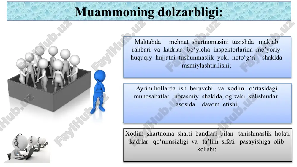 zmatchisi maqomi) beriladi, bu ularga doimiy ish o‘rni va pensiya kafolatlarini ta’minlaydi. beamtenstatus maqomi bo‘lgan o‘qituvchilar ishdan bo‘shatilishdan himoyalangan va ularga uzoq muddatli ish barqarorligi ta’minlanadi. mehnat kodeksi asosida ishdan bo‘shatish faqat rasmiy sabablarga asoslanishi shart. 8 9 t/r amaldagi holat (o’zbekistonda) amaldagi holat (xorijda) takliflar 1 o‘zbekistonda mehnat shartnomasini standart me’yorida tuzilgan mehnat kodeksi va qonunchilik hujjatlari asosida amalga oshiriladi. maktabda xodim va ish beruvchi o‘rtasida shartnoma mehnat kodeksida belgilangan moddalar asosida ( muayyan va nomuayyan) tuziladi. angliyada mehnat shartnomlari doimiy yoki agentlik orqali ishlaydigan supply teacher uchun vaqtinchalik tuziladi. angliyada belgilangan darajadagi yashash joyiga qarab ustama beriladi.sinfdan tashqari ishlari uchun soatbay haq to’lanadi.ish vaqti 8:30-15:30 ga qadar, haftada 5 kun . farzandi tahsil olayotgan maktabida ishlashi mumkin maktab jamoasi bilan mehnat shartnomasini tuzish amaliyotida “pedagogning maqomi to‘g‘risida”gi qonun, ,mehnat kodeksini samarali qo‘llash orqali mehnat nizolarini oldini olish,kadrlar qo‘nimsizligini bartaraf etish ,jamoada sog‘lom muhitni yaratish 2 o‘zbekistonda maktablarda tuziladigan …