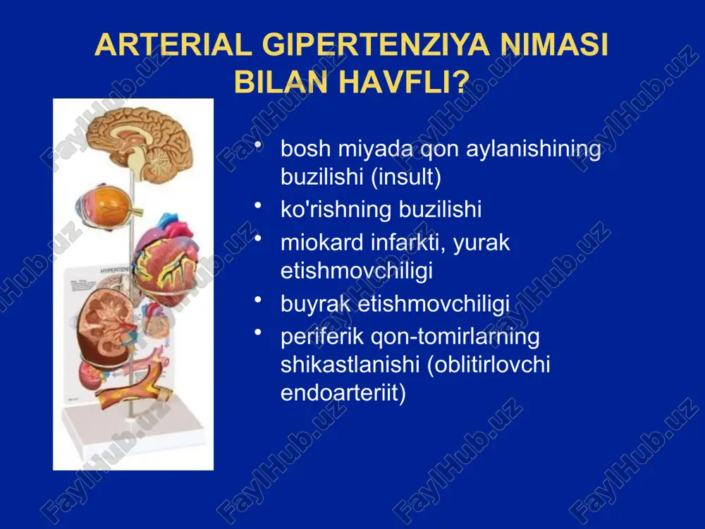 jud bemorlar). yurak etishmovchiligi (nyha ii-iv). chap qorincha disfunktsiyasi (chf > yurak) nifedipin nifedipin sr (retard) amlodipin latsidipin lerkanidipin benzotiazepin (arteriya=yurak) diltiazem diltiazem sr fenilalkilamin-lar (arteriya<yurak) verapamil verapamil sr ta'sir mexanizmi sekin kaltsiy kanallarini bloklaydi vazodilatatsiya va ab ning pasayishi ta'sir mexanizmi sekin kaltsiy kanallarini bloklaydi (l-tip kanallar) hujayra ichi giperkaltsemiyasini va silliq mushaklar qisqarishini bartaraf etadi qon tomir kengaytiruvchi ta'sir etadi maksimal vazoselektivlik amlodipin kaltsiy antagonistlarining yurak qon-tomir effektlarining qiyosiy xarakteristikasi yuqs miokard qisqaruvchanligi av o'tkazuvchanlik periferik vazodilyattsiya amlodipin    ++++ nifedipin    +++ verapamil     + diltiazem    + amlodipinning farmakodinamik effektlari antigipertenziv; antianginal; vazodilyatatsiyalovchi; antisklerotik; antitrombotik; diuretik; kuchsiz natriyuretik. qo'llanilishiga ko'rsatmalar arterial gipertoniya stabil stenokardiya vazospastik stenokardiya qo'llash usullari va dazasi boshlang'ich doza – amlodipin 5 mg sutkasiga 1 maxal maksimal doza 10 mg kuniga 1 maxal. monoterapiyada va boshqa gipotenziv dori vositalari bilan kombinatsiyada qo'llaniladi nojo'ya ta'sirlari …