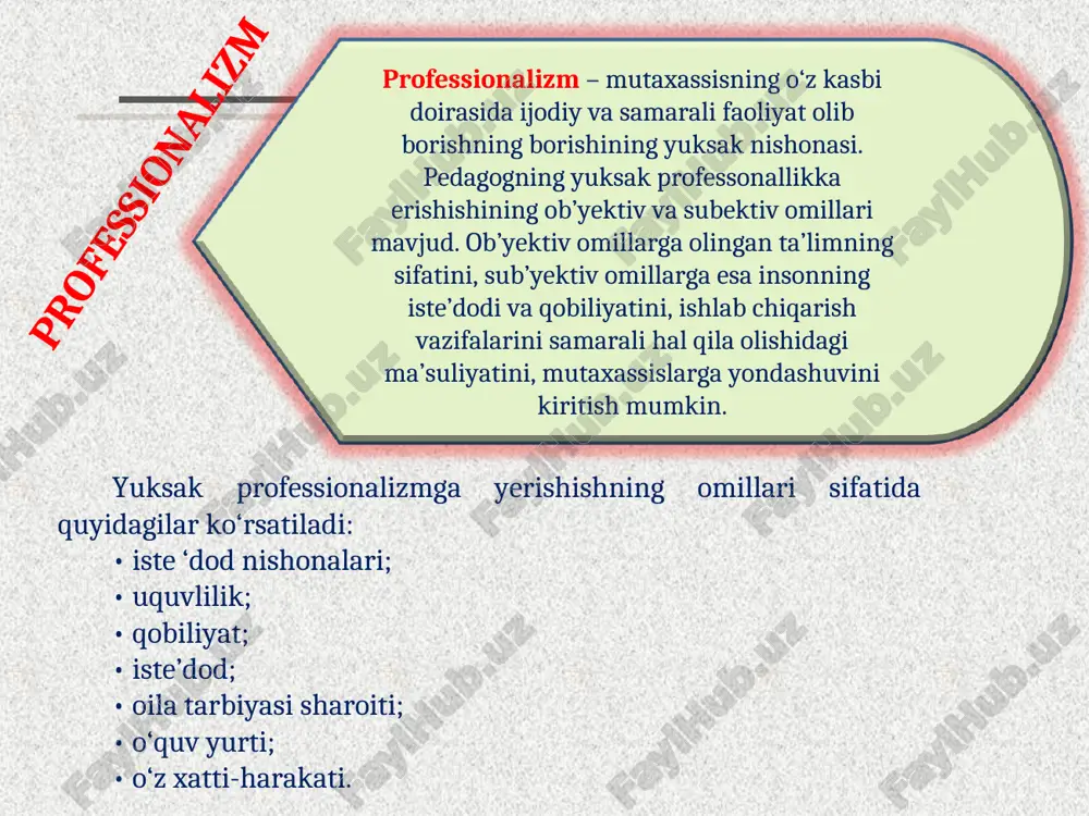 keltiramiz. professiogrammada muhim hislatlaridan borgan sari birmuncha ortib borishini hisobga olgan holda tarbiyachining quyidagi hislatlari ko’rsatib berishi lozim. 1) tarbiyachining shaxsiy hislatlari: - bolalarni yaxshi ko’rish, ularni sevish; - amaliy-psixologik aql-farosatlilik; - mehnatsevarlik; - jamoat ishlarida faollik; - mehribonlik; - kamtarlik; - odamiylik, dilkashlik; - uddaburonlik, mustahkam xarakterga ega bo’lish; - o’z bilimini oshirishga intilish. 2) kasbiga xos bilimi: - ta’lim va tarbiya jarayoni mohiyati bilan uning maqsad va vazifalarini tushunishi; - psixologiya asoslari, yosh psixologiyasi va pedagogik faoliyat psixologiyasi asoslarini bilishi; - etnopsixologik bilimlarni egallash; - hozirgi zamon pedagogikasi asoslarini bilishi; - hozirgi zamon pedagogikasining metodologik asoslarini egallanganligi; - bolalarning psixologik-pedagogik xususiyatlarini tushunishi; - mashg‘ulotlarni o‘tish metodikasini bilishi; - tarbiyalanuvchilarga tarbiyaviy ta’sir etishning samaradorligini bilishi; - ota-onalar va jamoatchilik bilan olib boriladigan tarbiyaviy ishlarning mazmunini bilishi. 3) o’z kasbiga xos hislatlari: - milliy mustaqil davlat mafkurasini tushunishi; - zamonaviy o’quv maskanida olib boriladigan o’quv-tarbiya jarayonida umuminsoniy boyliklar, milliy an’analar …