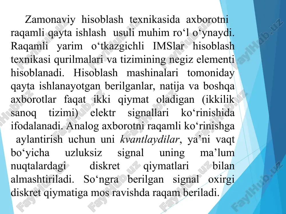 asosida murakkabroq sxemalar: mantiqiy, bistabil, triggerli va boshqalar yaratiladi. raqamli va analog qurilmalar xususiyatlarini, chiqish kattaligining kirish kattaligiga bog‘liqligini ifodalovchi, uzatish xarakteristikalardan o‘rganish qulay. aniqlik uchun bunday kattalik kuchlanishdan iborat deb qabul qilingan. analog va raqamli sxemalar inverslaydigan yoki inverclamaydigan bo‘lishi mumkin. inverslaydigan sxemalarda kirish kuchlanishining kichik qiymatlariga katta chiqish kuchlanishlari to‘g‘ri keladi, inverslamaydiganlarda esa, kichik kirish kuchlanishlariga kichik chiqish kuchlanishlar to‘g‘ri keladi. shovqinlar deb, elektron asboblarda tok va kuchlanishning tasodifiy o‘zgarishlari tushuniladi. shovqinlar barcha realarga xos va ularni butunlay yo‘qotib bo‘lmaydi. shovqinlar tebranishlarning amplituda va chastota fluktuatsiyalariga sabab bo‘ladi (tasodifiy o‘zgarishlar), axborot uzatishda xatoliklarga olib keladi va elektron asbobning sezgirligini belgilaydi. tashqi halaqitlar (kuchlanish manbai pulsatsiyalari va elektromagnit maydon) ham shunday natijaga olib keladi. tranzistorli elektron kalitlarda kirish va chiqish signallari (kuchlanish) faqat ikkita qiymatga ega bo‘ladi: yoki ukir2 va uchiq2, yoki ukir3 va uchiq3. uzatish xarakteristikasining a va v nuqtalar orasidagi turli ko‘rinishlarida chiqish signallari amalda o‘zgarmas qoladi. …