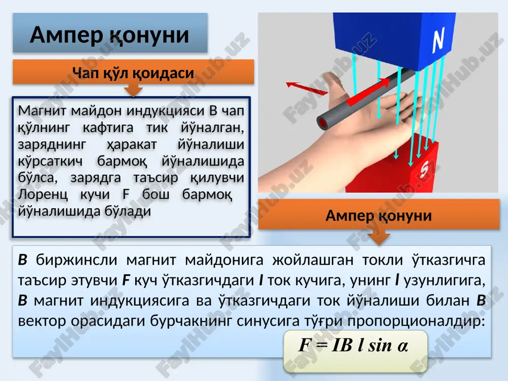 rrachaning kinetik energiyasi o'zgarmasdan qoladi.p 14 elektr va magnit maydonlarida zarrachalarning harakati zaryadga b induktsiyali magnit maydonidan tashqari e kuchlanganlikka ega bo'lgan elektr maydoni ta'sir etganda zaryadning harakati lorents tenglamasi bilan ifodalanadi 15 zaryadlangan zarracha magnit maydonida magnit induktsiya chiziqlari bo'ylab harakatlanadi. (v va v vektorlari orasidagi burchak  ga teng). lorents kuchi nolga teng. magnit maydoni zarrachaga ta'sir etmaganligi uchun u tekis va to'g'ri chiziqli haraktlanadi. zaryadlangan zarrachaning magnit maydonida harakati - 16 lorents kuchi zarracha traektoriyasiga normal va moduli bo'yicha o'zgarmasdir. zarracha markazga intilma tezlanish bilan r radiusli aylana bo'ylab harakatlanadi aylana radiusi aylanish davri zaryadlangan zarracha magnit maydonida magnit induktsiyasi chiziqlariga perpendikulyar ravishda harakatlanadi (v va v vektorlari orasidagi  burchak /2ga teng). zaryadlangan zarrachaning magnit maydonida harakati + 17 zaryadlangan zarrachaning magnit maydonidagi harakati - - - 18 1)maydon bo'ylab quyidagi tezlik bilan to'g'richiziqli tekis harakat 2)maydonga perpendikulyar bo'lgan tekislikdagi aylana bo'ylab tekis harakat. ikkita xarakatning …