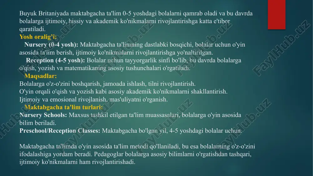 r va nazorat ishlari orqali o'quvchilarning bilimlari baholanadi. boshlang'ich ta'lim buyuk britaniyada 5 yoshdan 11 yoshgacha bo'lgan bolalarni qamrab oladi va ular asosan matematika, ona tili, ilm-fan va san'at kabi asosiy fanlar bilan tanishtiriladi. key stage 1 va key stage 2 bosqichlarida o'quvchilar uchun o'rgatish dasturi qiziqarli va bolalarning rivojlanishini qo'llab-quvvatlaydi. bu davrda o'quvchilar yangi bilimlarni mustahkamlash, mantiqiy fikrlashni rivojlantirish va ijtimoiy ko'nikmalarni o'zlashtirishadi. buyuk britaniyada o'rta ta'lim 11 yoshdan 16 yoshgacha bo'lgan o'quvchilarni qamrab oladi. bu bosqichda o'quvchilar umumiy ta'limdan ixtisoslashgan fanlarga o'tadilar va keyinchalik o'z kelajak yo'nalishlarini tanlashadi. o'rta ta'limni tugatgandan so'ng, o'quvchilar gcse (general certificate of secondary education) imtihonlarini topshirishadi. yosh oralig'i: key stage 3: 11-14 yosh (7-9 sinf). key stage 4: 14-16 yosh (10-11 sinf). maqsadlar: o'quvchilarga ixtisoslashgan fanlar va kengroq bilimlar to'plamini o'rgatish. akademik bilimlarni yanada chuqurlashtirish va kelajakdagi ta'lim uchun tayyorlash. o'quvchilarga muammolarni hal qilish, mustaqil fikrlash va ijodiy yondashuvni rivojlantirish. o'quv dasturi: key …