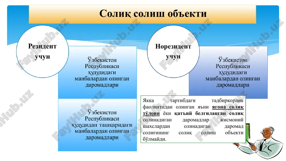 respublikasi prezidentining 2002 yil 5 sentyabrdagi “jismoniy shaxslar daromadlarini deklaratsiyalash tizimiga bosqichma-bosqich o'tish to'g'risida”gi pf-3127-sonli farmoni asosida jismoniy shaxslarning jami daromadini deklaratsiya asosida soliqqa tortishning huquqiy asosini belgilab berildi. huquqiy asos: * * davlat soliq xizmati organlariga soliq deklaratsiyalarini taqdim etish usullari. bevosita davlat soliq xizmati organlariga tashrif buyurgan holda qog'oz shaklida pochta orqali buyurtma xat shaklida elektron shakldagi axborot tarzida taqdim etilishi mumkin soliq kodeksining 191-moddasiga asosan * chet ellik rezidentlar ushbu qoidadan qat'i nazar belgilangan tartibda va muddatlarda deklaratsiya taqdim etishlari shart. agar jismoniy shaxsdan yuqori stavkada ushlab qolingan bo'lsa, deklaratsiya taqdim etilmaydi (respublika hududidan tashqaridagi hamda soliq agentlari bo'lmagan manbalardan olingan daromadlar bundan mustasno). jismoniy shaxslar deklaratsiyalanadigan daromadlari bo'yicha deklaratsiyani hisobot yilidan keyingi yilning 1 aprelidan kechiktirmay taqdim etadi. jismoniy shaxslar tomonidan daromadlar to'g'risidagi deklaratsiyani taqdim etish tartibi * jismoniy shaxslarning mol-mulkni ijaraga berishdan olgan daromadlarini deklaratsiya asosida soliqqa tortish tartibida ayrim farqli jihatlar mavjud. jumladan, mol-mulkini …