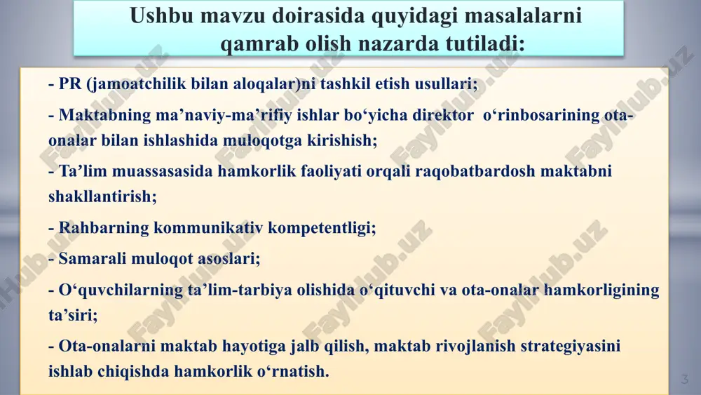 limlari, falsafiy mushohadakorligi, diplomatligi, vaziyatga, shaxsga nisbatan to‘g‘ri munosatda bo‘lishiga tayangan holda masalaga yechim topa olishi kerak bo‘ladi. 10 1-2- guruh alohida vazifalarda - o‘quvchilarni virtual olam iskanjasidan olib chiqish yo‘lidagi choralar; - kitobxonlik madaniyatini oshirish choralari; - o‘quvchilar qiziqishi, qobiliyatiga mos to‘garaklar faoliyatini yo‘lga qo‘yish; - maktabda ma’nan sog‘lom muhitni yuzaga keltirish choralari haqidagi takliflarini bildirishlari kerak. «“injiq” ota-onalar» rolli o‘yini metodi (“injiq” ota-onalar) farzandlari ta’limi, tarbiyasida muammolari bo‘lganlar. ayni vaqtda o‘z farzandlari kelajagiga ishonchsiz bo‘lgan, farzandlaridagi mavjud muammolarda o‘zlaridan ko‘ra maktab vakillarini aybdor sanovchi toifa ota-onalar. «“injiq” ota-onalar» rolli o‘yini metodi 3-gurux 12 3- gurux vazifasi 1) “injiq ota-onalar” sifatida maktabdagi ta’lim-tarbiya sifatiga aloqador maktabning ma’naviy-ma’rifiy ishlar bo‘yicha direktor o‘rinbosari ishtiroki bilan hal etiladigan muammolar bilan 1 va 2-gurux a’zolariga savollar, takliflar bilan murojaat qilish; 2) shuningdek, 1 va 2-gurux a’zolari faoliyatini kuzatish va ma’naviy-ma’rifiy ishlar bo‘yicha direktor o‘rinbosari sifatida ular tomonidan yo‘l quyilgan kamchiliklarni aniqlagan holda ushbu …