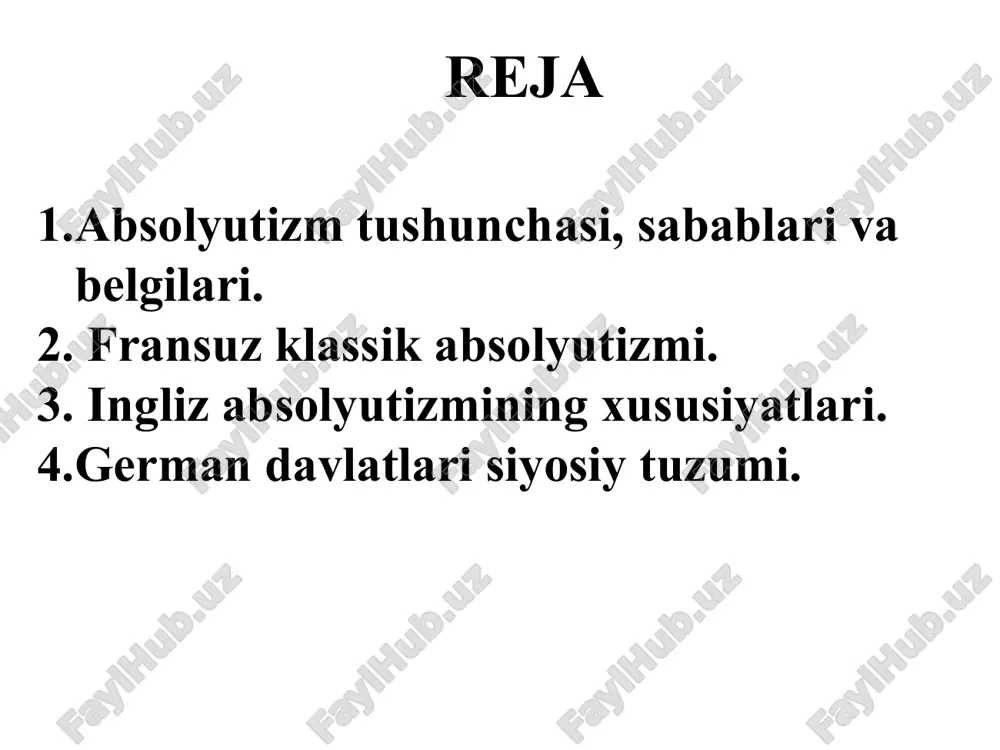 yashar edi. sanoatda etakchilik rolini to'qimachilik tarmog'i o'ynar edi. xvii asrda mamlakatda «dastlabki jamg'arish» jarayonlari davom etardi frantsiyada angliyadagi ommaviy g'ov tutish jarayonlariga o'xshash usullar bo'lmagan edi. bu erda davlat qarzlari, soliq bosimi, sudxo'rlik moliyasi katta ahamiyatga ega edi. manufaktura ishlab chiqarilishi asta-sekinlik bilan rivojlanishiga qaramasdan feodal munosabatlar mamlakatda ustunlik qilar edi. dvoryanlar tabaqasida ham ijtimoiy siljishlar ko'zga tashlanardi. asilzoda dvoryanlarning («qilich dvoryanlari») katta qismi iqtisodiy jihatdan zaiflashardi. shu paytning o'zida dvoryanlar tabaqasi savdo-sanoat doiralardan chiqqan dvoryanlar («mantiya dvoryanlari») hisobiga kengaymoqda edi. sanoat, savdo va sudxo'rlik doiralari siyosiy mustaqillikka intilishmasdi. absolyutizmning shakllanishi absolyutizmning shakllanish vaqti absolyutizm-bu monarxiya, unda qirol hokimiyati hech narsa bilan cheklanmaydi va dvoryanlar va ruhoniylardan mustaqildir. absolyutizmning shakllanish vaqti-xvii asr. fransiyada absolyutizm lyudovik xiii (1610-1643) va uning birinchi vaziri kardinal rishel’e davrida shakllangan, unga lyudovik xiii mamlakat boshqaruvini topshirgan. absolyutizmning shakllanishi lyudovik xiii hukmronligi uning o'zi mamlakat boshqaruviga unchalik qiziqmagan, boshqaruvni kardinal rishel’ega topshirgan uning hukmronligi absolyutizmning …