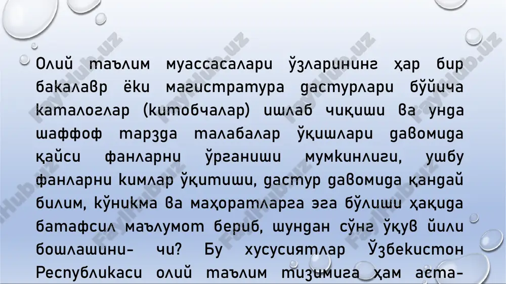 data ppt/fonts/font7.fntdata ppt/fonts/font8.fntdata ppt/media/image21.jpeg ppt/fonts/font9.fntdata ppt/fonts/font10.fntdata ppt/fonts/font11.fntdata ppt/fonts/font13.fntdata ppt/fonts/font14.fntdata ppt/fonts/font15.fntdata ppt/fonts/font16.fntdata ppt/fonts/font17.fntdata ppt/fonts/font18.fntdata ppt/fonts/font19.fntdata ppt/fonts/font20.fntdata ppt/fonts/font21.fntdata ppt/diagrams/colors2.xml ppt/presprops.xml ppt/viewprops.xml ppt/tablestyles.xml docprops/app.xml docprops/core.xml ppt/tags/tag1.xml ppt/media/media1.mp3 ppt/media/image1.png ppt/media/image10.png ppt/media/image12.png ppt/media/image16.png ppt/media/image7.png ppt/media/image8.png ppt/media/image9.png ppt/slides/slide9.xml [content_types].xml _rels/.rels docprops/custom.xml haydarov zuhriddin rabievich hzurik@ mail. ru tel: +9989 94828307 modul: kredit modul tizimi va o'quv jarayonini tashkil etish talaba oliy ta'lim muassasasiga o'qishga kirganidan so'ng u erda aynan qaysi fanlarni o'rganishni qisman bo'lsada o'zi tanlashi mumkinligini hech tasavvur qilganmisiz? yoki har bir o'qituvchi semestr boshida talabalarga o'z fani bo'yicha yozma dastur “syllabus” taqdim etib, unda ushbu fan nimalar haqida ekanligi, uning talabaning mutaxassis bo'lib shakllanishidagi roli, semestr davomida o'rganiladigan mavzular ro'yxati, talabalar foydalanadigan adabiyotlar ro'yxati, baholash mezonlari haqida batafsil tushuntirib, shundan keyingina darslarini boshlashini-chi? muqaddima oliy ta'lim muassasalari o'zlarining har bir bakalavr yoki magistratura dasturlari bo'yicha kataloglar (kitobchalar) ishlab chiqishi va unda shaffof tarzda talabalar o'qishlari davomida qaysi fanlarni o'rganishi mumkinligi, ushbu fanlarni kimlar o'qitishi, …