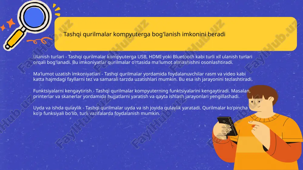 a'lumotlarni ko'rsatish uchun muhim hisoblanadi vizual ma'lumotlar turlari - monitorlar turli xil vizual ma'lumotlarni, jumladan matn, grafikalar va videolarni ko'rsatish imkonini beradi 10 tashqi klaviaturalar yozuv jarayonini osonlashtiradi tashqi klaviaturaning afzalliklari - tashqi klaviaturalar foydalanuvchilarga yuqori qulaylik yaratadi. ular oddiy portativ klaviaturalarga qaraganda oddiyroq yozish jarayonini taqdim etadi. ergonomik dizayn - tashqi klaviaturalar ergonomik dizayn bilan tayyorlangan bo'lib, ular uzoq vaqt davomida ishlaganda qo'l va bilakni qulay tutishga yordam beradi. qulay yozuv uchun imkoniyatlar - tashqi klaviaturalar dasturiy ta'minot va jozibador dizaynlar orqali turli uslubdagi yozuv imkoniyatlarini taklif qiladi. kengaytirilgan funktsiyalar - ba'zi tashqi klaviaturalar maxsus tugmalar va funktsiyalar bilan jihozlangan bo'lib, bu ish faoliyatini sezilarli darajada yengillashtiradi. 11 tashqi sichqonchalar boshqaruvni osonlashtiradi natural foydalanish boshqaruv imkoniyatlari ergonomik dizayn 12 dinamiklar ovoz chiqarish uchun ishlatiladi dinamiklar haqida umumiy ma'lumot - dinamiklar ovoz to'lqinlarini mexanik harakatga aylantiradigan asboblardir ovoz shakllantirish jarayoni - dinamiklarning ichidagi magnitlar va qoplamalar ovozni hosil qilishda muhim …