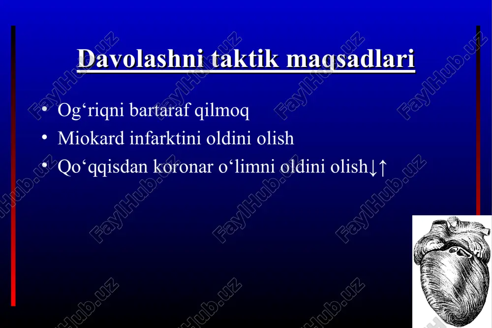 dilar, va shu sababli yuus↓, saqb ↓ va emotsional stress ↓. β-adrenoblokator miokardni kislorodda bo‘lgan ehtiyojini kamaytiradilar va shu ehtiyoj va ishemiyaga chalingan miokardni zonasiga etkazilish orasidagi disbalansni bartaraf etadilar beta-adrenoblokatorlar ichki simpatomimetik faolliksiz metoprolol bisoprolol propranolol atenolol betaksolol, timolol, nadolol qo‘shimcha tomir kengaytiruvchi xususiyatlari bilan nebivolol karvedilol beta-adrenoblokatorlar yuikni davolashda o‘z simpatomimetik faollikga ega bo‘lmagan va uzoq yarim chiqarish vaqtga ega bo‘lgan selektiv β1-adrenoblokatorlarni afzal ko‘rish kerak. β1-adrenoblokatorlarni aniq β1-blokada effektini beradigan dozalarda buyurish kerak. β1-adrenoretseptorlar blokadasi mezoni tinch xolatda yuus yaqqol kamayishi beta-adrenoblokatorlar β-adrenoblokatorlarni buyurishga mutlaq qarshi ko‘rsatma bu bronxial astma soo‘k nisbiy qarshi ko‘rsatma bo‘lib keladi: bu xollarda ehtiyotkorlik bilan yuqori selektiv β1-adrenoblokatorlar qo‘llanishi mumkin 2-tipdagi qd β1-adrenoblokatorlarni buyurilishiga qarshi ko‘rsatma bo‘lib kelmaydi 1-tipdagi qdda β1-adrenoblokatorlarni ehtiyotkorlik bilan buyurish kerak nitrovazodilatatorlar /nitratlar tomirlar kengayishi natijasida yurakga venoz qaytish kamayadi, oldi yuklama kamayadi va miokardni kislorodga bo‘lgan ehtiyoji pasayadi katta va kichik qon aylanish doiralarida arteriolalarni mu’tadil kengaytiradi, …