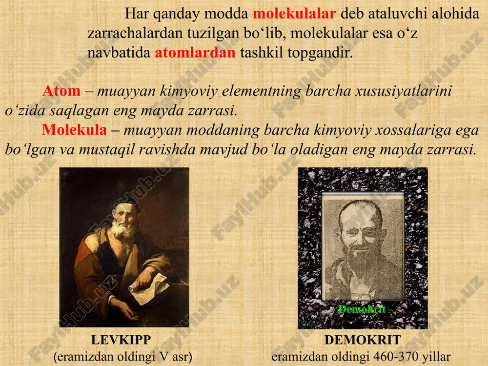 masi molekulyar fizikada sistema holatini xarakterlaydigan asosiy parametrlar – bu bosim p, hajm v va temperatura t. bosim p, pa (paskal) – birlik yuzaga normal ta’sir etadigan kuchga son jihatdan teng bo‘lgan kattalik. bosimning boshqa birliklari ham ishlatiladi: 2. mendeleyev-klapeyron tenglamasi gazning hajmi har doim gaz egallagan idishning hajmiga teng. hajmning boshqa birligi ham ishlatiladi: temperatura t, k (kelvin) – berilgan modda molekulalarining harakatlanish tezligini xarakterlaydi va jismning qizish daraja (energiya) sini belgilaydi. temperatura o‘lchovi jismning qizishida kengayishiga asoslangan. anders selsiy (1701-1744) temperatura shkalalari: selsiy shkalasi: 2. mendeleyev-klapeyron tenglamasi kelvin shkalasi (absolyut temperatura shkalasi): uilyam tomson (lord kelvin) (1824-1907) 2. mendeleyev-klapeyron tenglamasi gaz holatidagi moddaning xususiyatlarini tushuntirish uchun ideal gaz modeli ishlatiladi. ideal gaz deb, molekulalari moddiy nuqta va o‘zaro ta’sirlashmaydi deb faraz qilingan gazga aytiladi. mkn ning paydo bo‘lishidan oldin ideal gazlarning holatini tushuntiradigan qator eksperimental qonunlar yaratildi. 2. mendeleyev-klapeyron tenglamasi robert boyl (1627-1691) edm mariott (1620-1684) boyl-mariotta qonuni: …