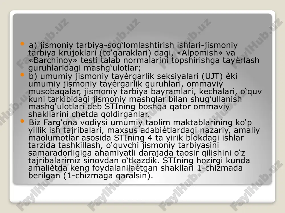 mkoniyati yuzaga keladi. jamoani tashkillash, uni ishini yuritishga maktabning direktori boshliq pedagogik jamoa, jismoniy tarbiya o‘qituvchilari amalga oshiradi. mjt jamoasining kengashi ishiga rahbarlik fan o‘qituvchilari nazorati ostida bo‘ladi. maktabda doimiy harakatdagi maktab jismoniy tarbiya jamoasini tuzish quyidagicha amalga oshiriladi. meditsina gruppalariga taalluqligiga qaramay, sog‘lig‘i holatini darajasini bilgan holda jamoaga iv-ix sinf o‘quvchilaridan og‘zaki ariza qabul qilinadi va jismoniy madaniyat jamoasining boshlang‘ich jismoniy tarbiya tashkilotlari tuziladi. sinflar mjtj sining boshlang‘ich tashkiloti hisoblanadi. jamoa aozolari o‘qishini maktabdagi jismoniy tarbiya mashg‘ulotlari, sinf sporti hamda «alpomish» va «barchinoy» testini topshirish, sport razryadi normativlarini bajarish bilan muntazam bog‘lab olib borishi lozim. jismoniy tarbiya va sport tadbirlarida aktiv qatnashish asosiy shart sifatida belgilanadi. jismoniy mashqlarni bajarish mashg‘ulotlarida qatnashishi taqiqlangan o‘quvchilar jamoani tashkiliy va jamoat ishlarida (musobaqalarda hakamlik qiladilar, hujjatlarni yuritadilar, jismoniy tarbiya burchaklarini jihozlaydilar, sport gazetalarini chiqarish va boshqalarda) ishtirok etadilar. jismoniy tarbiya jamoasiga 25-nafardan ortiq o‘quvchi jismoniy tarbiya jamoasini tuzish xaqida maktab direktoriga og‘zaki murojaat …