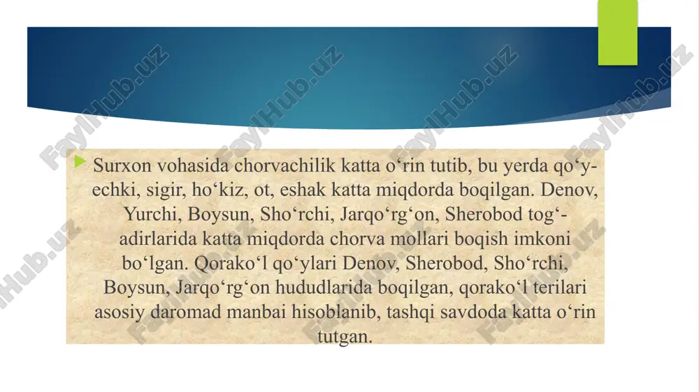 n elbegi nazorat o‘rnatgan. u asosan turli qabila va urug‘larning yaylovlari chegarasi buzilmasligiga va soliq olish bilan shug‘ullangan. elbegi o‘z hududi begiga bo‘ysungan. agarda x1x asrning 90-yillarida buxoro amirligida qo‘y va echkilarning soni 6 mlnni tashkil qilgan bo‘lsa, xx asr boshlariga kelib, ularning umumiy soni 16 million boshni tashkil etgan va quyidagi turdagi qo‘ylar boqilgan: 1. arabi yoki qorako‘l qo‘ylari. 2. turkman qo‘ylari. 3. afg‘on qo‘ylari. 4. qorako‘l va afg‘on qo‘ylari chatishmasidan olingan qo‘y. 5. qirg‘iz qo‘ylar. 6. eron qo‘ylari. xulosa xulosa o‘rnida ta'kidlash mumkinki, birinchidan, sharqiy buxoroda chorvachilik bilan shug‘ullanish uchun keng yaylovlar, turli ozuqaga boy tog‘ va tog‘oldi hududlarning borligi keng imkoniyatlar ochib bergan. ikkinchidan, o‘lkada chorvachilik rivoji, nasl va turlarning paydo bo‘lishi haqida ko‘plab tarixiy manbalar ma'lumot beradi, chorvachilik dehqonchilik rivojida,uni ishchi kuchi bilan ta'minlashda eng muhim vosita vazifani o‘tagani ta'kidlanadi. uchinchidan, ayniqsa, qo‘ychilikning rivojlanishi, nasldor qo‘y zotlarini yetishtirish tufayli aholini chorvachilik mahsulotlariga talab-ehtiyojlarini ta'minlash,chorva mahsulotlarini hunarmandchilik …