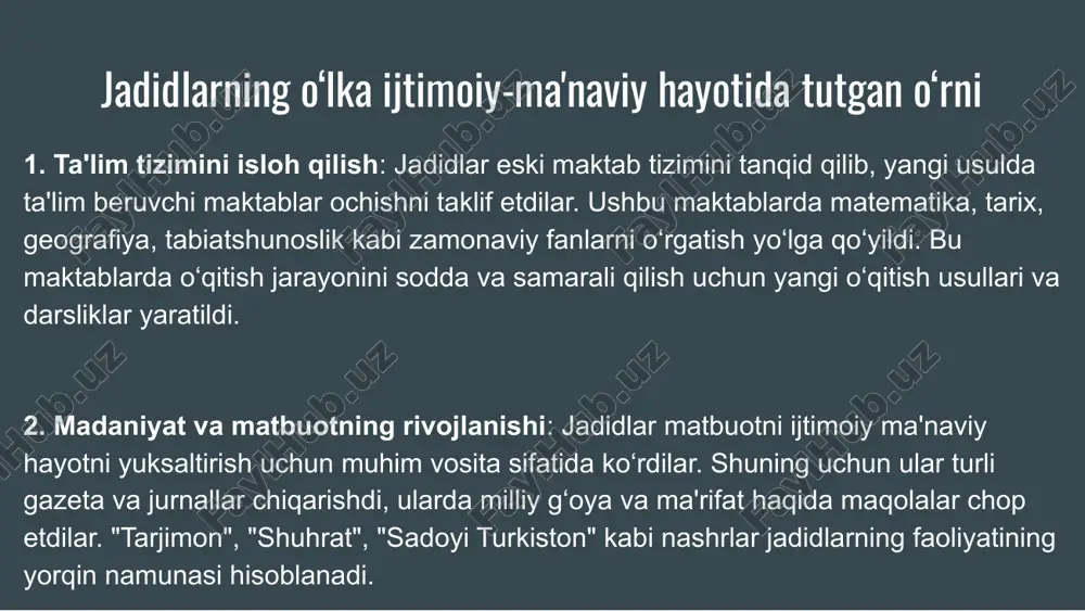 lari ijtimoiy muammolarni yoritishga va xalq orasida axloqiy tarbiya berishga qaratilgan. 4. milliy uyg‘onishga bo‘lgan hissasi: avloniy xalqni milliy ruhda tarbiyalash uchun katta hissa qo‘shgan. u milliy va madaniy qadriyatlarni saqlab qolish va rivojlantirishga chaqirgan, xalq orasida milliy birlik va birdamlikni targ‘ib qilgan. shu bilan birga, jamiyatning ijtimoiy va madaniy jihatdan o‘zgarishiga o‘z hissasini qo‘shgan. munavvarqori abdurashidxonov (1878–1931) – toshkentda tug‘ilgan va jadid maktablarini tashkil etgan muhim figura. u yangi usuldagi o‘quv qo‘llanmalari va darsliklar yaratgan. ta’limni modernizatsiya qilish va milliy uyg‘onishni qo‘llab-quvvatlashda faol ishtirok etgan. mahmudxo‘ja behbudiy (1875–1919) – samarqandlik jadidchilik harakati vakili. "oyna" jurnalini nashr etib, milliy uyg‘onish g‘oyalarini ilgari surgan. yangi usuldagi maktablar ochib, xalqni savodli qilishga katta hissa qo‘shgan. teatr va adabiyotda yangi yo‘nalishlar yaratgan. fitrat (1886–1938) – toshkentda tug‘ilgan adib va siyosatchi. o‘zbek va tojik adabiyotining rivojlanishiga hissa qo‘shgan. uning asarlari milliy va ma'rifiy uyg‘onishni qo‘llab-quvvatlagan. yangi ta’lim tizimi yaratish uchun ko‘plab islohotlarni amalga oshirishga …