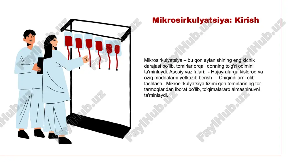 llyarlar eng kichik qon tomirlari bo'lib, ularning devorlari juda nozik va suyuqlik almashinuvi uchun mos keladi. arteriolalar qon tomirlarining kichik tarmog'idir, venulalar esa kapillyarlarni venalarga ulaydi, ularning har biri muhim vazifalarni bajaraadi. o'zaro aloqalar komponentlar o'rtasidagi o'zaro aloqalar qon aylanishi jarayonini optimallashtiradi. kapillyarlar orqali oziq moddalarning almashinuvi arteriolalar va venulalar bilan muvofiqlashadi, bu jarayon organizmning sog'lig'iga ta'sir qiladi. 1 2 3 kapillyarlarning tuzilishi va funktsiyalari kapillyarlarning tuzilishi, endotelial hujayralardan tashkil topgan bo'lib, ularning atrofida bazal membrana mavjud. bu tuzilma kapillyarlarning qon bilan birga o'tishi va uning ichki muhitini muhofaza qilishda muhim rol o'ynaydi. kapillyarlarning asosiy funktsiyalari orasida gaz almashinuvi, oziq moddalar va chiqindilarni tashish kiradi. bu jarayonlar organizmning hayotiy faoliyatini ta'minlash uchun zarurdir. kapillyarlar mikrosirkulyatsiyada markaziy rol o'ynaydi, chunki ular to'qimalar va qon tomirlar o'rtasida ozuqa moddalarini va gazlarni almashinishini ta'minlaydi. bu jarayon sog'liqni saqlash va to'g'ri qon aylanishi uchun juda muhimdir. arteriolalar: tuzilishi va vazifalari mikrosirkulyatsiyadagi ahmiyat arteriolalar, qon …