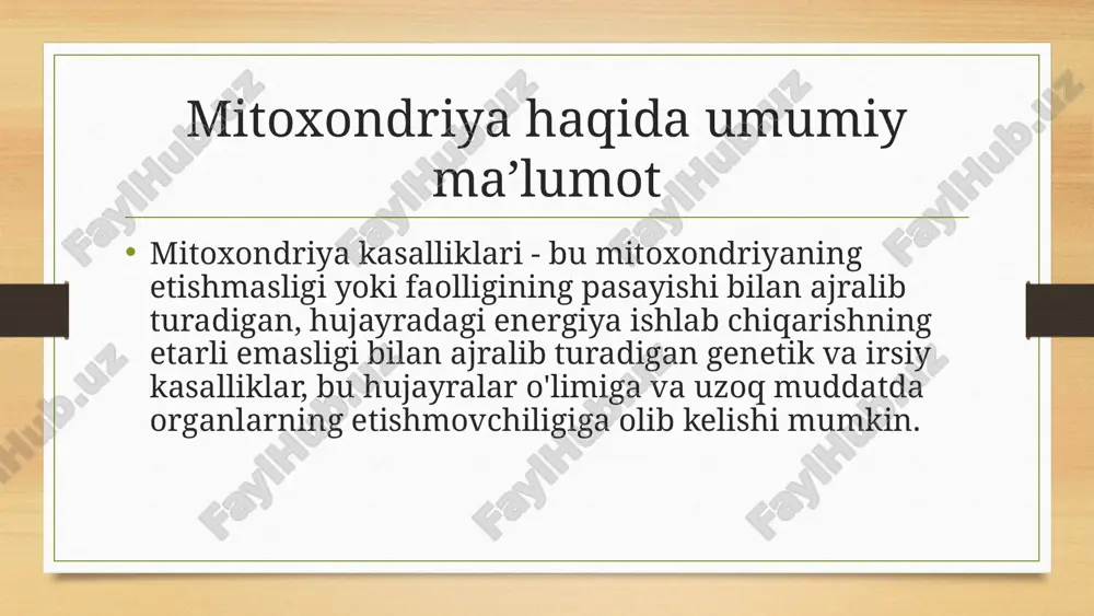 damning farovonligini oshirish va kasallikning rivojlanishini sekinlashtirishga qaratilgan bo'lib, vitaminlar, hidratsiya va muvozanatli ovqatlanishdan foydalanish shifokor tomonidan tavsiya etilishi mumkin. bundan tashqari, badanning muhim harakatlarini ushlab turish uchun energiya tanqisligi bo'lmasligi uchun juda kuchli jismoniy mashqlar bilan shug'ullanmaslik tavsiya etiladi. shunday qilib, inson o'z energiyasini tejashi muhimdir. xulosa va tavsiyalar bu kasallikni erta tashxis va qo‘llab-quvvatlovchi davolash muhim. genetik maslahat zarur.. xar bir bemor bilan induidual ishlash zarur. image5.png image6.png image7.jpeg image8.jpeg image9.png image10.jpeg image11.jpeg image12.jpeg image13.jpeg image3.png image4.png /docprops/thumbnail.jpeg