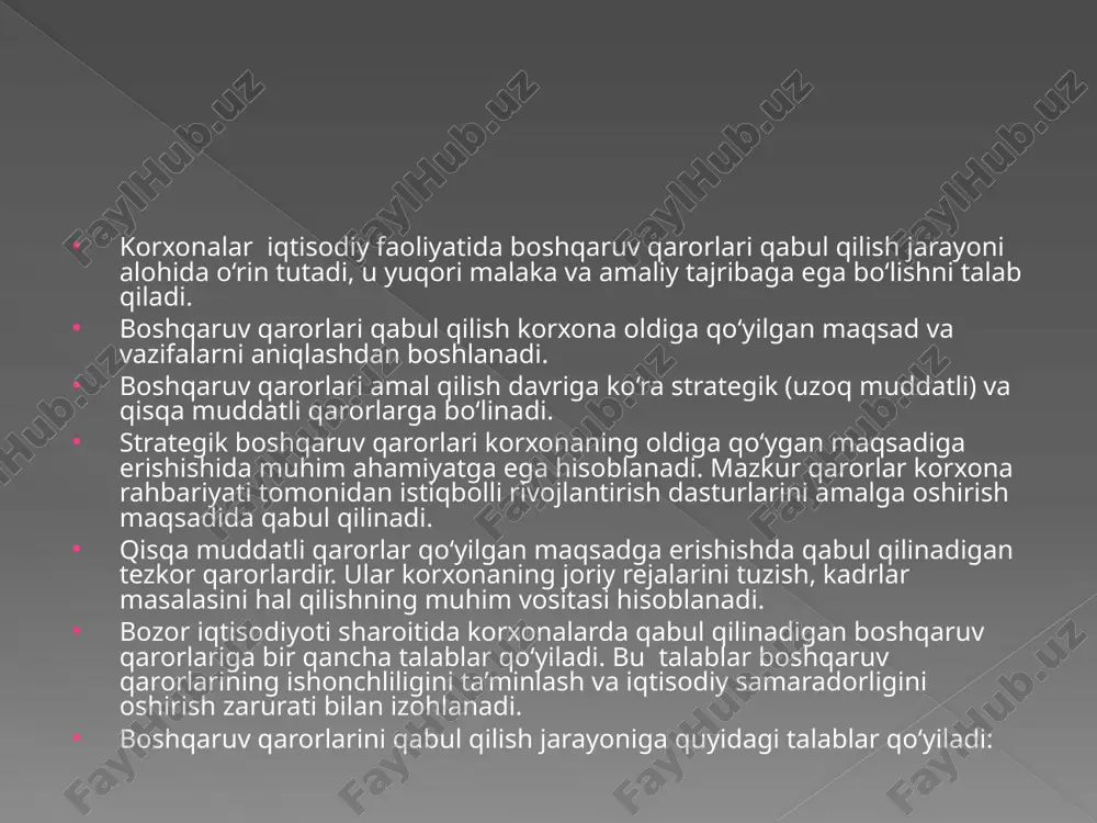 uv jarayonlarini amalga oshirishda namoyon bo‘ladi. ular birinchi marta fransuz olimi a.fayol tomonidan asoslangan edi. bu vazifalar rejalashtirish, tashkil etish, farmoyish berish, muvofiqlashtirish va nazorat qilish kabilardan iborat. keyinchalik, boshqaruv jarayonlarini yanada mukammallashtirish hisobiga ko‘pgina ishlanmalarda bu vazifalar to‘ldirib borilgan. jumladan, menejment vazifalariga motivlashtirish, kommunikatsiya, tadqiq etish, baholash, qarorlarni qabul qilish kabilar qo‘shildi. hozirgi zamon menejmentining quyidagi o‘ziga xos xususiyatlari mavjud: ishlab chiqarish va biznes samaradorligini oshirishga intilish hamda korxona tomonidan rejalashtirilgan pirovard natijaga erishishga yo‘naltirilganlik; tashqi muhitdagi o‘zgarishlarga bog‘liq holda belgilangan maqsadlar va dasturlarga doimo ravishda tuzatish kiritib borish; rejalashtirish jarayonini joriydan istiqbolga qarab o‘zgartirish; boshqaruv qarorlarini qabul qilishda ko‘p variantli hisoblarni amalga oshirish uchun axborot texnologiyalaridan keng foydalanish; korxona faoliyatini samarali boshqarishga barcha xodimlarni jalb etish; boshqaruv jarayonida ro‘y berayotgan o‘zgarishlarni tahlil etish va tegishli moslashuvchan qarorlar asosida ish olib borish; korxona boshqaruvining barcha bo‘g‘inlarida innovatsion yondashuvdan keng foydalanish va h.k.lar. bozor munosabatlari sharoitida har qanday ishlab chiqarish …