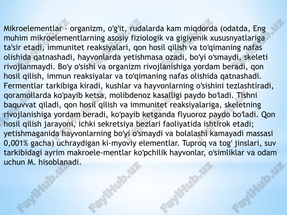 on ftor atom texnikasida uran (iv)ftoridni oksidlab uran ^1)ftoridga aylantirish uchun ketadi. ftor, shuningdek, xlor ftorid c1f3 (bu modda suyuq raketa yonilgi uchun oksidlovchi sifatida ishlatiladi), kobalt, kumush, marganets, surma kabi metallarning ftoridlarini tayyorlashda qoʻllanadi (bu ftoridlar ftorlovchi vosita sifatida ishlatiladi). odam organizmida massa jihatidan 110~5% ftor bor. bir sutkada organizmga ovqat orqali 1 mg ga yaqin miqdorda ftor kiradi ftor — zaharli, u nafas yoʻllari, oʻpka va markaziy nerv sistemasi va b. organlar (yurak, koʻz)ga salbiy taʼsir etadi. ftor teriga tekkanda suv bilan yaxshilab yuvish kerak. ftor oʻtga chidamsiz, portlaydi. shu sababli ftor bilan ishlaganda ehtiyoj choralariga rioya qilish talab etiladi. kalsiy (lot. calx, calcis — ohak soʻzidan olingan; calcium), ca — mendeleyev davriy sistemasining ii guruhiga mansub kimyoviy element. ishqoriy-yer metallariga kiradi; tartib raqami 20, at m. 40,08. tabiiy kalsiy oltita barqaror izotopdan tuzilgan: 40ca (96,94%), 44ca (2,09%), 42ca(0,67%), 48ca (0,187%), 43ca (0,135%) va 46ca (0,003%). oksidlanish darajasi …