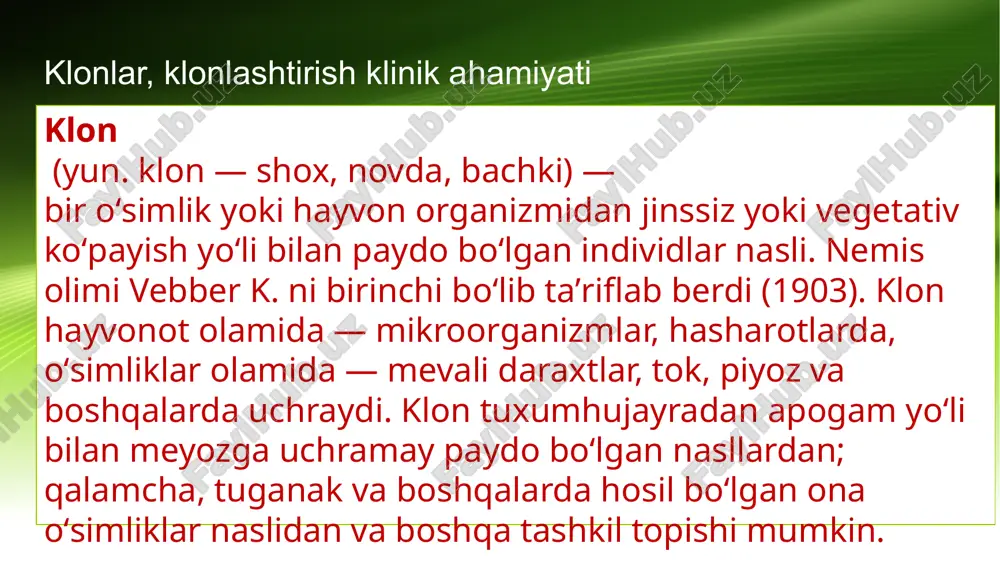 ogiya va biokimyo usullari yordamida amalga oshiradi : rekombinant dnk texnologiyasi fermentlar plazmidlar vektorlar polimeraza zanjir reaksiya klonlashning klinik ahamyati organ va to’qimalarni transplantatsiyasi uchun mos hujayra yetishtirish staminal hujayralar asosida shikastlangan organlarni tiklash genetik kasalliklarni o’rganish va shaxsiy davo usullarini ishlab chiqish dori vositalari sinovlari uchun model organizm yaratish klonlashning axamiyatlaridan yana biri bu mikro organizlar yadrolarini olib orniga atibyotik sintezlovchi yadro qoyilsa mikro organizmlar kerakli moddalarni kop miqdorda bo’linib ko’payishni boshlaydi xulosa klonlashtirish biokimyoda genlar va oqsillar chuquro’rganishga , yangi davo usullari yaratishga imkonberadi. biroq bu soha ehtiyotkorlik va qonunchilikasosida v aniq qonunchilik asosida rivojlanishi zarur. etiboringiz uchun rahmat!!! image2.jpeg image3.png image4.png image5.png image6.png image7.png image8.png image9.png image1.jpeg