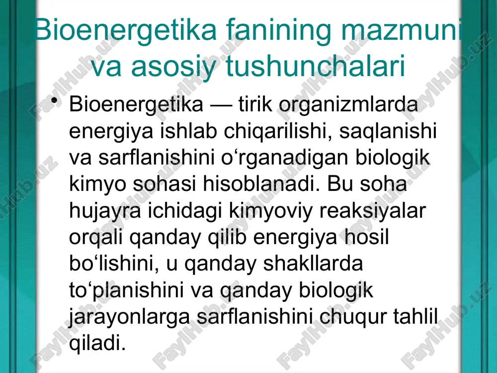 ynaydi. bu holatlarda hujayralarda oksidlovchi stress kuchayadi, energiya ishlab chiqarish kamayadi, bu esa hujayralarning apoptoz (o‘z-o‘zini yo‘q qilish) jarayonini faollashtiradi. bioenergetikaning klinik tibbiyotdagi amaliy ahamiyati bioenergetikani tibbiyotda chuqur o‘rganish — kasalliklarning kelib chiqish mexanizmlarini aniqlash, ularni erta diagnostika qilish va samarali davolash usullarini tanlash imkonini beradi. misol uchun, yurak ishemik kasalliklarida energiya ishlab chiqarish pasayadi va bu yurak mushaklarining zaiflashuviga olib keladi. reanimatsiya va intensiv terapiyada bioenergetika asoslari hayotiy muhim ahamiyatga ega. klinik o‘lim holatida yurak va nafas funksiyalari to‘xtaganida hujayralarda energiya ishlab chiqarish darhol to‘xtaydi. tezda reanimatsion choralar ko‘rilmasa, to‘qimalar qayta tiklab bo‘lmaydigan o‘zgarishlarga uchraydi. bioenergetik dori vositalari — metabolik preparatlar (masalan, mildronat, riboksin, atp inyektsiyalari) yurak, miya va boshqa muhim organlarning energiya ishlab chiqarishini qo‘llab-quvvatlashda qo‘llaniladi. bular ayniqsa insult, infarkt va gipoksik holatlarda katta foyda beradi. shu bilan birga, bioenergetika sport tibbiyotida, pediatriyada, geriatriyada, hatto onkologiyada ham qo‘llaniladi. organizmda energiyaning qanday ishlab chiqarilishi va ishlatilishi haqida bilimga ega …