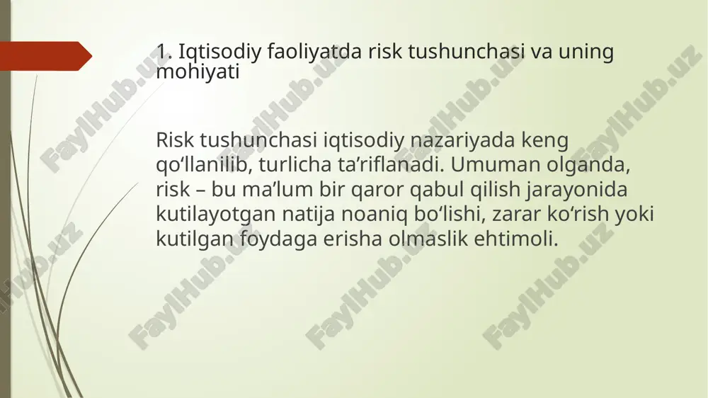 lashtiradi – risklarni hisobga olish rahbariyatni puxta rejalashtirishga majbur qiladi. 4. iqtisodiy risklarni boshqarish va kamaytirish usullari iqtisodiy faoliyatdagi risklarni butunlay bartaraf etib bo‘lmaydi, ammo ularni samarali boshqarish va kamaytirish mumkin. buning uchun xo‘jalik yurituvchi subyektlar maxsus usullar va strategiyalardan foydalanadilar. asosiy boshqaruv usullari quyidagilar: 1. diversifikatsiya – kapitalni turli yo‘nalishlarga taqsimlash orqali riskni kamaytirish. masalan, faqat bir turdagi mahsulot ishlab chiqarish o‘rniga bir nechta mahsulot turi bilan shug‘ullanish. 2. sug‘urta qilish – kutilmagan yo‘qotishlardan himoyalanishning eng samarali yo‘llaridan biri. korxonalar mol-mulk, transport, kredit yoki investitsiyalarni sug‘urtalash orqali riskni boshqa tomon zimmasiga o‘tkazadi. 3. hedjirlash – moliyaviy bozor vositalaridan foydalanib, valyuta kursi yoki foiz stavkalari o‘zgarishidan keladigan risklarni kamaytirish. 4. ichki nazoratni kuchaytirish – korxona ichida moliyaviy, ishlab chiqarish va boshqaruv jarayonlarini nazorat qilish orqali operatsion xatoliklarni kamaytirish. 5. zaxira fondlarini shakllantirish – kutilmagan holatlarga tayyor turish uchun qo‘shimcha moliyaviy resurslarni jamg‘arib borish. 6. bozor monitoringi – iqtisodiy vaziyat, raqobatchilar …
