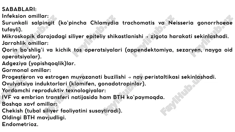 g shakllanishida maʼlum tartibsizliklar yuzaga keladi. natijada tuxumdondagi qon tomirlari qisqaradi, kengayadi va tuxumdon ichidagi qon ketishini yuzaga keltiradi. keyin qon tomirlarining moʻrtligi tufayli sariq tanada qon ketishi yuzaga kelishi mumkin va bu gematomaga olib keladi. bu holat ogʻriq, holsizlik, bosh aylanishi, koʻngil aynishi, qusish, teri rangining oqarib ketishi, baʼzan hushidan ketish bilan birga kelishi mumkin. agar davolanmasa, ichki qon ketish kuchayib, inson salomatligi va hayotiga xavf solishi mumkin. tuxumdon apopleksiyasining boshqa sabablariga qorin boʻshligʻining shikastlanishi, haddan tashqari jismoniy stress, kuchli jinsiy aloqa, ot minish kabilar kiradi. patogenezi tuxumdon apopleksiyasining 3 turi mavjud: 01 02 03 ogʻriqli turi – asosiy simptom – intraperitoneal qon ketish belgilarisiz ogʻriq. anemik turi – asosiy simptom ichki (qorin boʻshligʻiga) qon ketishi, ogʻriqsiz. aralash tip – ogʻriq va intraperitoneal qon ketishining kombinatsiyasi. 01 02 03 klinik belgilari to‘satdan paydo bo‘lgan qorin pastidagi keskin og‘riq (ko‘pincha o‘ngda). vaginal qon ajralmalari yo‘q yoki juda kam bosh aylanishi, …
