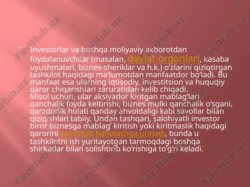 atning sifatini hamda samaradorligini oshirtishga imkon yaratadi. shu boisdan, buxgalteriya xalqaro standartlarini chuqur o’rganishga va milliy hisob hamda hisobot tizimini xalqaro standartlariga o’tkazishda alohida etibor qaratish zarur. yuqorida takidlaganimizdek, moliyaviy hisobotning xalqaro standartari aslida milliy hisoblar tizimining negizida shakllangan. bir qancha mamlakatlarning professional buxgalterlari moliyaviy hisobotning xalqaro standartlari bo’yicha komitet tashkil qildilar. har bir standart uni ishlab chiqishda asos bo’luvchi maqsad va konsepsiyalari mazkur standartga kiruvchi masalalar ro’yxati; ishlatiladigan atamalarning ta’rifi; ushbu standartni qo’llash mezonlari; hisobga olish metodlari va o’lchash asboblari; axborotlarni ochish usullari va tushuntirish izohlarini o’z ichiga oladi. bunday uslubiy moliyaviy hisobotning xalqaro standartlarini turli xil sharoitlarda joriy qilish imkoniyatini oshirish va xalqaro standartlarni hisobga olgan holda buxgalteriya hisobinig milliy standartlarini ishlab chiqishni osonlashtiradi. xalqaro standartlar asosida tuzilgan moliyaviy hisobotlarni xorijiy investorlar tomonidan tanishish imkoniyatiga ega bo’lishi va o’zining sarmoyasini kiritish bo’yicha yengilliklar kiritidi. moliyaviy hisobotning xalqaro standartlari butun jahonda moliyaviy hisobot standartlarining yaqinlashishida, kelishuvida va yanada yaxshilanishiga …