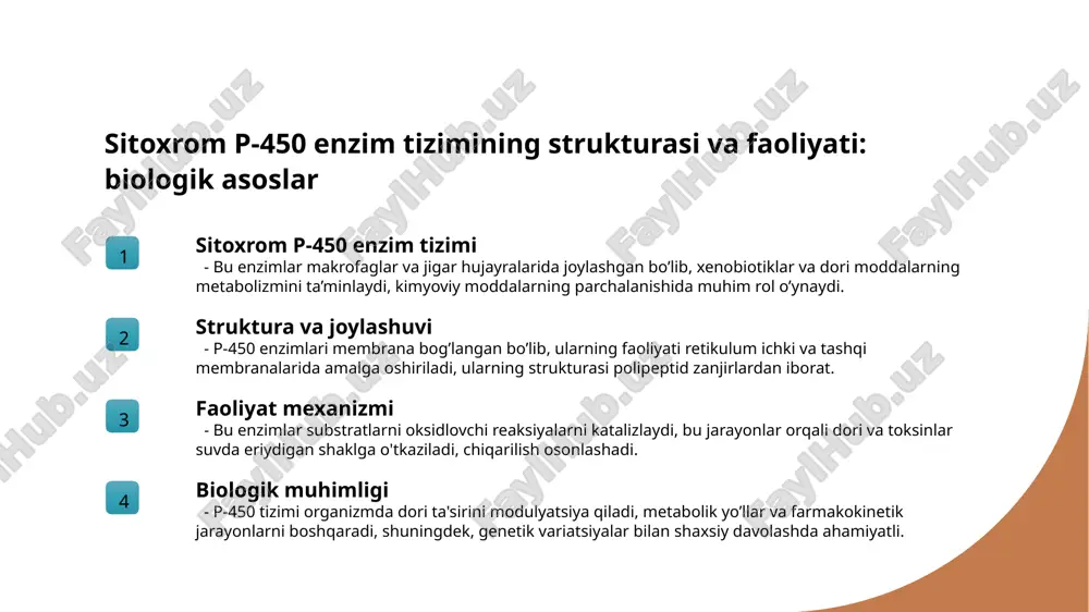 ndividual doriga javobni va yon ta’sir xavfini oshiradi. 2 polimorfizm va shaxsiy davolash - polimorfizm sitoxrom p-450 genlarida individual farqlar yaratadi, bu esa shaxsiylashtirilgan terapiyada optimal dozani belgilashda muhim ahamiyatga ega. 3 genetik testlar va klinik muhit - genetik testlar yordamida sitoxrom p-450 variatsiyalarini aniqlash mumkin, bu esa dori reaktsiyalarini oldindan bashorat qilish va xavfsizligini ta’minlash imkonini beradi. 4 variatsiyalar va dorilar xavfsizligi - genetik variatsiyalar, ayniqsa, antidepressantlar va antikoagulyantlar kabi dori vositalarining xavfsizligi va samaradorligini ta’sir qilishi mumkin, shuningdek, dozani moslashtirishga yordam beradi. enzim funktsiyalari va dori-darmonlar bilan o’zaro ta’sirning klinik muhimligi 1 enzimlarning roli sitoxrom p-450 enzimlari ichki va tashqi dori moddalarini metabolizatsiya qilib, ularning samaradorligini va toksikligini nazorat qiladi, shuningdek, metabolik jarayonlarni tartibga soladi. 2 dori-o’zaro ta’sirlar enzimlar induktor yoki ingibitor bo’lib, dori vositalarining qon oqimida konsentratsiyasini o’zgartiradi, bu esa ta’sir kuchi va xavfsizligini ta’sir qiladi, masalan, antidepresantlar va antikoagulyantlar. 3 klinik muhimligi enzim funktsiyalarining buzilishi yoki …