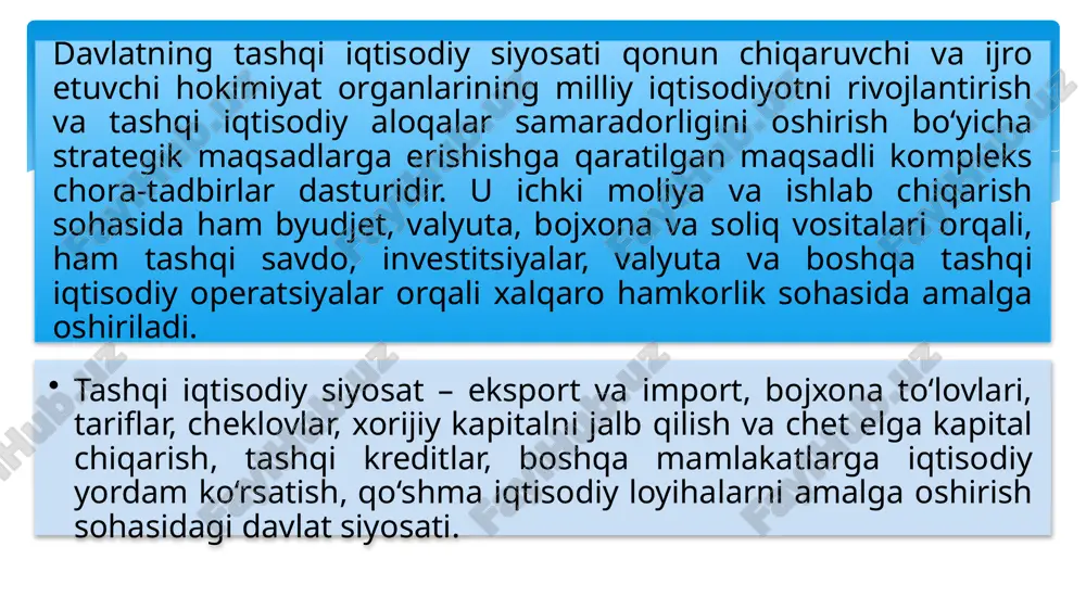 gi qonunning 5- moddasiga muvofiq: tashqi iqtsiodiy faoliyat subyektlari, tashqi iqtisodiy faoliyatni amalga oshirayotgan o’zbekiston respublikasining yuridik va jismoniy shaxslari tashqi iqtisodiy faoliyat subyektlari hisoblanadilar. 6-modda. tashqi iqtisodiy faoliyat obyektlari. oldi-sotdi yoki ayirboshlash obyekti bo‘lgan tovarlar, ishlar (xizmatlar), har qanday mol-mulkka, shu jumladan, qimmatli qog‘ozlar, valyuta qimmatliklariga, elektr, issiqlik energiyasi va boshqa turdagi energiyaga, transport vositalariga, intellektual mulk obyektlariga nisbatan, tashqi iqtisodiy faoliyatda foydalanilishi qonunchilik bilan taqiqlanganlarini istisno etganda, tashqi iqtisodiy faoliyat amalga oshirilishi mumkin. 9 17-modda. tashqi iqtisodiy faoliyatni davlat tomonidan tartibga solish tashqi iqtisodiy faoliyatni davlat tomonidan tartibga solish quyidagi yo‘llar bilan amalga oshiriladi: tashqi iqtisodiy faoliyatning qonunchilik negizini shakllantirish va takomillashtirish; valyuta bilan tartibga solish; soliq bilan tartibga solish; tarif va notarif tartibga solish; o‘zbekiston respublikasining iqtisodiy manfaatlariga rioya etilishi uchun himoya, kompensatsiya va dempingga qarshi choralarni qo‘llash; tashqi savdo faoliyatini amalga oshirish tartibini belgilash, shu jumladan, miqdoriy cheklovlar o‘rnatish hamda tovarlarning ayrim turlari eksport va import …