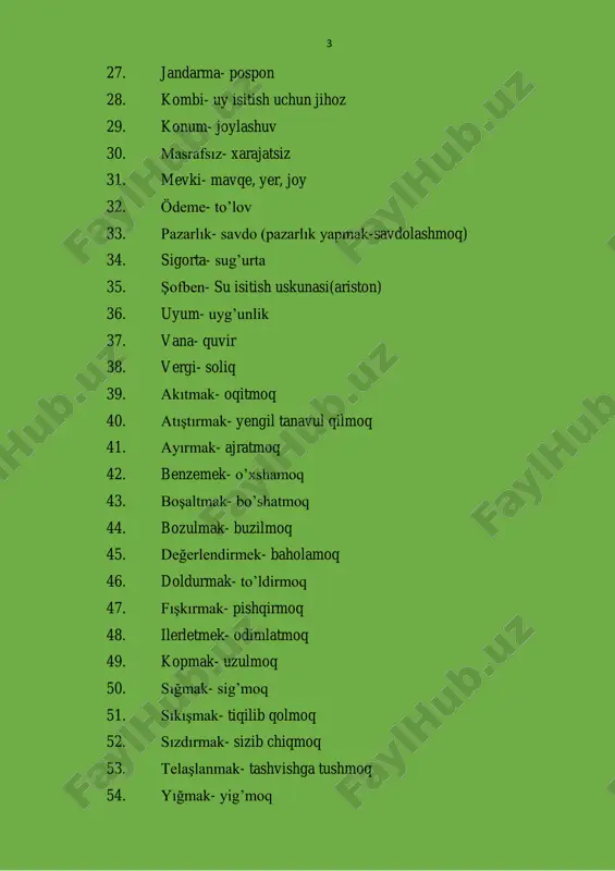 o’zi ojizlar jamiyati) 47. sıra dışı- noodatiy 48. sıradan- oddiy (sıradan bir öğretmen- oddiy o’qituvchi) 49. basit- oddiy (basit yöntem- oddiy usul) 50. ayrıntı- tavsilot 51. engelli- noguron 52. tedavi- davolanish 53. tezgahtarlık- sotuvchilik 54. ücra- chetak qismi uzoq (ücra bir köşesi- chetak bir burchagi) 8 55. çiftçi- dehqon 56. bahçivan- bog’bon 57. abd (amerika birleşik devletleri)- aqsh 58. gütmek- 1. o’tlatmoq (keçi gütmek- echki o‘tlatmoq) 2. bir kishi yoki guruhni o‘z fikriga ergashtirmoq. 3. bir tuyg‘uni amalga oshirish uchun harakat qilmoq: kin gütmek, kan davası gütmek 59. mandıracılık- sut va sut mahsulotları ishlab chiqarish bilan shug‘illanmoq 60. girişimci- sarmoyador 61. anımsamak- eslamoq, xotirlamoq 62. yayla- yaylov 63. ortaya çıkmak- paydo bo‘lmoq 64. bocalamak- nima qilishini bilmay qolmoq 65. toptancı- ulgurchi oluvchi(optom oladiganlar) 66. kurucu- asoschi 67. kurmak- tashkil qilmoq, asos solmoq 68. dönüm noktası- burulish nuqtasi 69. dönüm- sotix 70. başlık- sarlavha 71. enteresan- qiziq 72. ürün- mahsulot 73. …