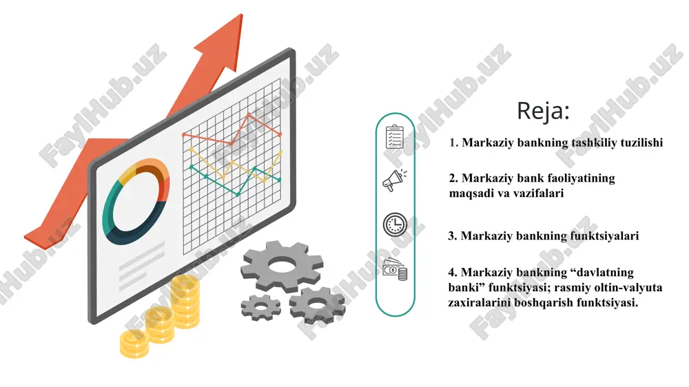 iste’moli oshishiga yordam beradi. markaziy bank va iqtisodiy barqarorlik xulosa markaziy banklarning iqtisodiyotdagi roli nihoyatda katta. ular pul-kredit siyosatini amalga oshirish, iqtisodiy barqarorlikni ta’minlash va xalqaro moliyaviy aloqalarni boshqarish orqali davlatning iqtisodiy rivojlanishiga hissa qo’shadi. markaziy banklar nafaqat inflyatsiyani nazorat qilish, balki bank tizimining barqarorligini ta’minlash va iqtisodiy krizislarni bartaraf etish kabi muhim vazifalarni bajaradi. o’zbekiston markaziy banki ham mamlakat iqtisodiyotining barqaror rivojlanishini ta’minlashda muhim ahamiyatga ega bo’lib, uning faoliyati milliy iqtisodiyotning mustahkamligini saqlashga yordam bermoqda. lorem more etiboringiz uchun rahmat image1.png image2.svg image3.png image4.svg image5.png image6.svg image7.png image8.svg image9.png image10.svg image11.png image12.svg image13.png image14.png image15.png image16.svg image17.png image18.svg image19.png image20.svg image21.png image22.svg .msftofcthm_accent2_fill { fill:#2a9d8f; } .msftofcthm_accent5_fill { fill:#e76f51; } .msftofcthm_background1_fill { fill:#ffffff; } .msftofcthm_accent2_fill { fill:#2a9d8f; } .msftofcthm_accent3_fill { fill:#e9c46a; } /docprops/thumbnail.jpeg