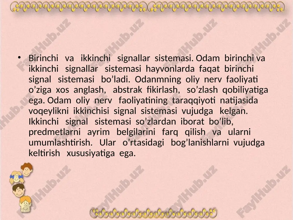 ham xuddi o’sha qonunlarga bo’ysunadi. i.p. pavlov ko’rsatib o’tganidek oliy nerv faoliyatining faqat odamga xos bo’lgan xususiyati birinchi signal sistemasi orqali tushadigan signallarni ajratib olib mulohaza qilish va ummumlashtirish qobilyati ikkinchi signal sistemasiga bog’liqdir. odamda birinchi va ikkinchi signal sistemalari o’zaro bog’langan bo’lib bir-biriga doim ta’sir ko’rsatib turadi. so’zning signal sifatidagi ahamiyati bir-biri bilan qo’shilib keladigan oddiy tovushlar bilan emas balki so’zning lug’aviy manosi bilan bog’liqdir tovushlarning qo’shilib ketishi bilan bir- biriga o’xshash so’zlar tanlab olinadigan bo’lsa u xolda unday so’zlarga signal manosi garchi boshqacha bo’lsa ham bir xil reaksiya bilan javob beraveradi. bolada ikkinchi signal sistemasining shakllanib borishi nutqning rivojlanishi bilan bevosita bog’langan. bola xayotining birinchi yilidagi so’ngi oylar va butun ikkinchi yili nutq qaror topib boradigan davri xisoblanadi. bolalarda nutqning qaror topishi prsessi shartli reflekslar hosil bo’lish qonunlarida muvofiq o’tadi. bolada yarim tovush va fonemalar xayotining dastlabki oylarida ham paydo bo’lsada lekin bular hali ikkinchi signallar rolini o’ynamaydi …