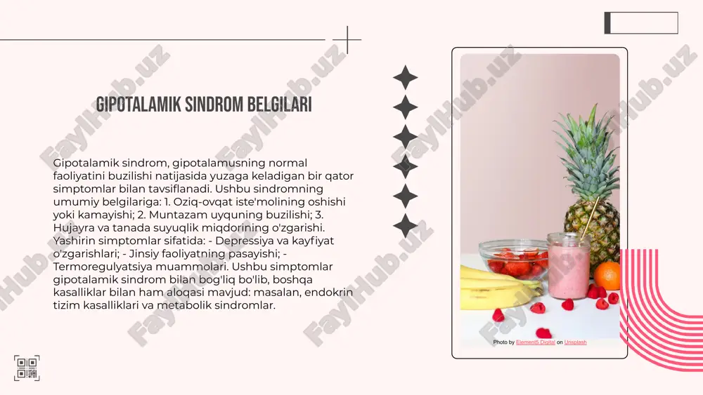 depressantlar va nootropiklar. har bir bemor uchun individual davolash rejasi ishlab chiqiladi, shuningdek, dori-darmonlar qabul qilishning dozasini va davomiyligini nazorat qilish muhimdir. ko'nikma dasturlari gipotalamik sindromdan aziyat chekayotgan bemorlar uchun ko'nikma dasturlari muhim hisoblanadi. ushbu dasturlar yordamida bemorlar stressni boshqarish, emotsional barqarorlikni oshirish va kundalik faoliyatlarini yaxshilash imkoniyatiga ega bo'lishadi. muntazam mashg'ulotlar, jismoniy faoliyat va ijtimoiy muloqot bemorlarning holatini yaxshilashda yordam beradi. bu dasturlar psixologik yordam bilan birgalikda amalga oshirilishi lozim. gipotalamik sindromda reabilitatsiya jarayoni gipotalamik sindromdan keyingi reabilitatsiya jarayoni bemorlarning hayot sifatini yaxshilashda muhim ahamiyatga ega. reabilitatsiyaning asosiy maqsadlari quyidagilardan iborat: 1. bemorning fizik va ruhiy salomatligini tiklash; 2. kundalik faoliyatni qayta tiklash va mustahkamlash; 3. bemorni ijtimoiy hayotga qaytarish. reabilitatsiya strategiyalari sifatida quyidagi usullar qo‘llaniladi: jismoniy terapiya, muloqot terapiyasi, psixologik yordam va sog‘lom turmush tarzini targ‘ib qilish. ushbu jarayonning natijalari bemorlarning umumiy farovonligini oshiradi, ruhiy holatini yaxshilaydi va ularning ijtimoiy va kasbiy faoliyatini tiklashga yordam beradi. photo by …